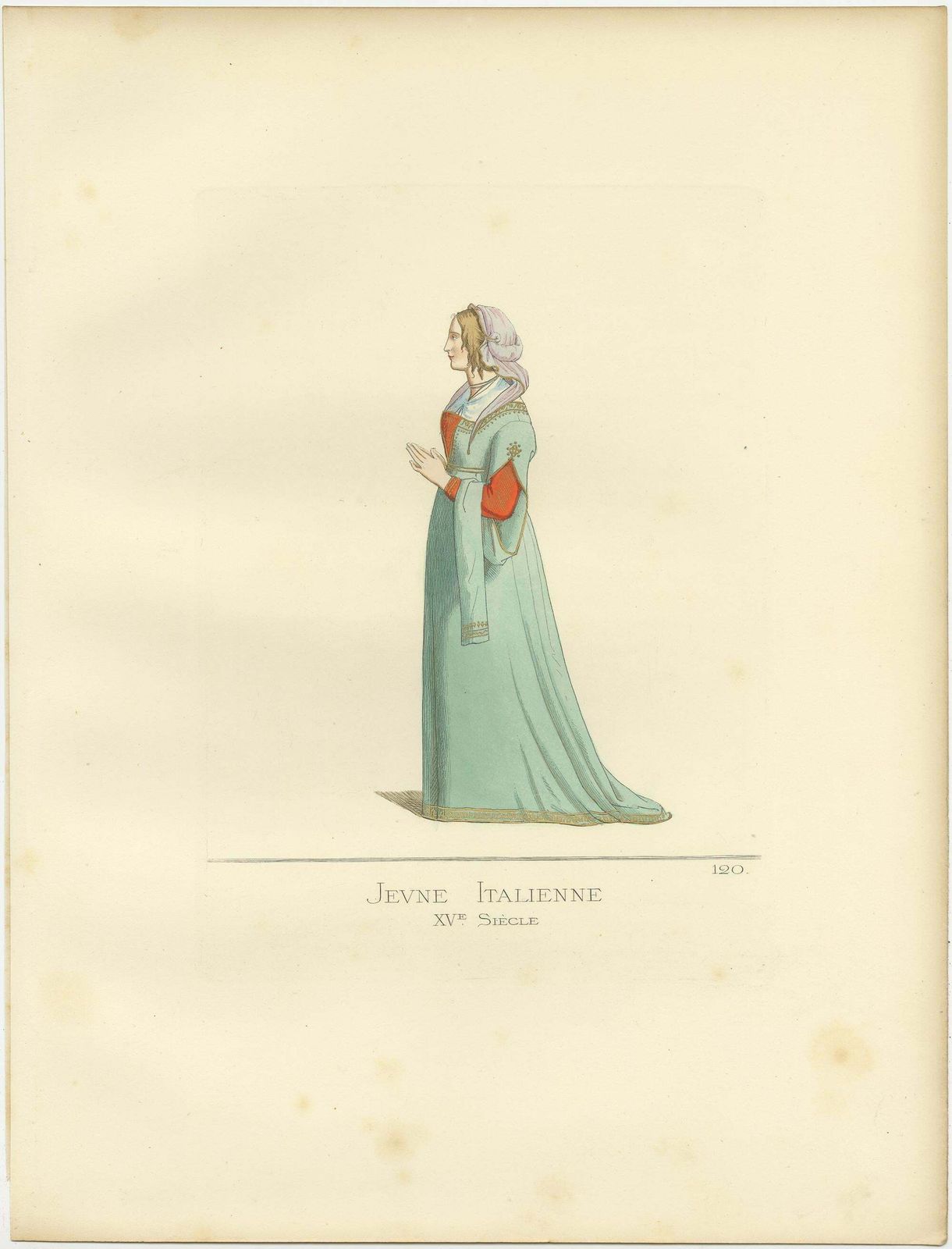 Antique Print Of A Young Italian Woman, 15th Century, By Bonnard, 1860 photo for sale