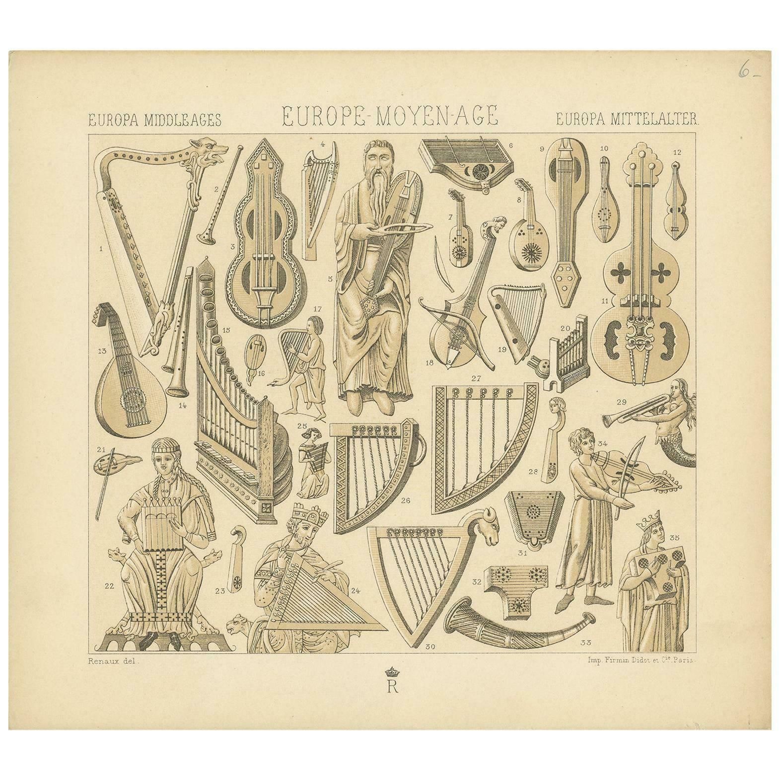 Pl. 6 Antique Print Of European Middle Ages Music Objects By Racinet, Circa 1880
