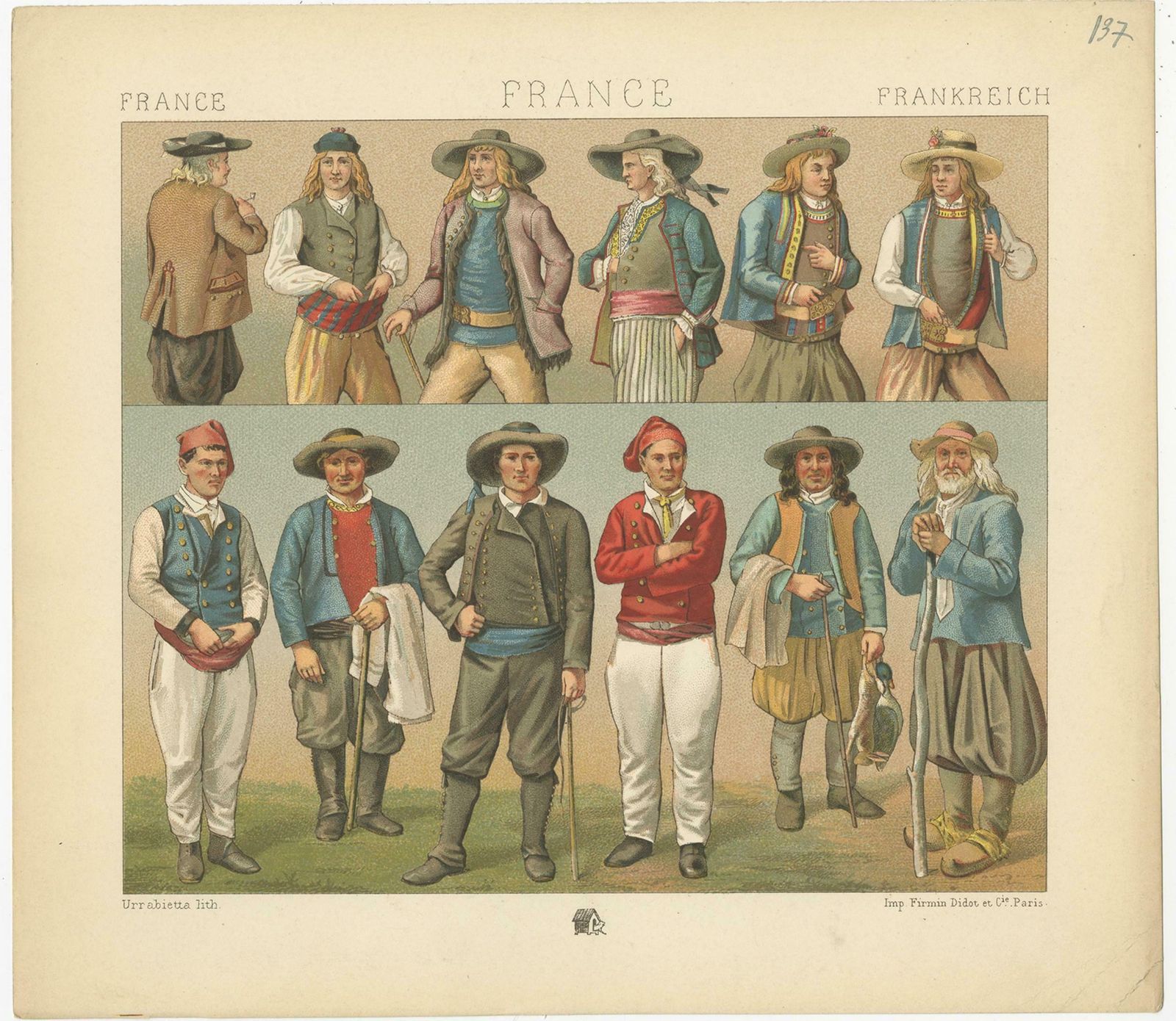 Pl. 137 Antique Print Of French Outfits By Racinet, 'Circa 1880' photo for sale