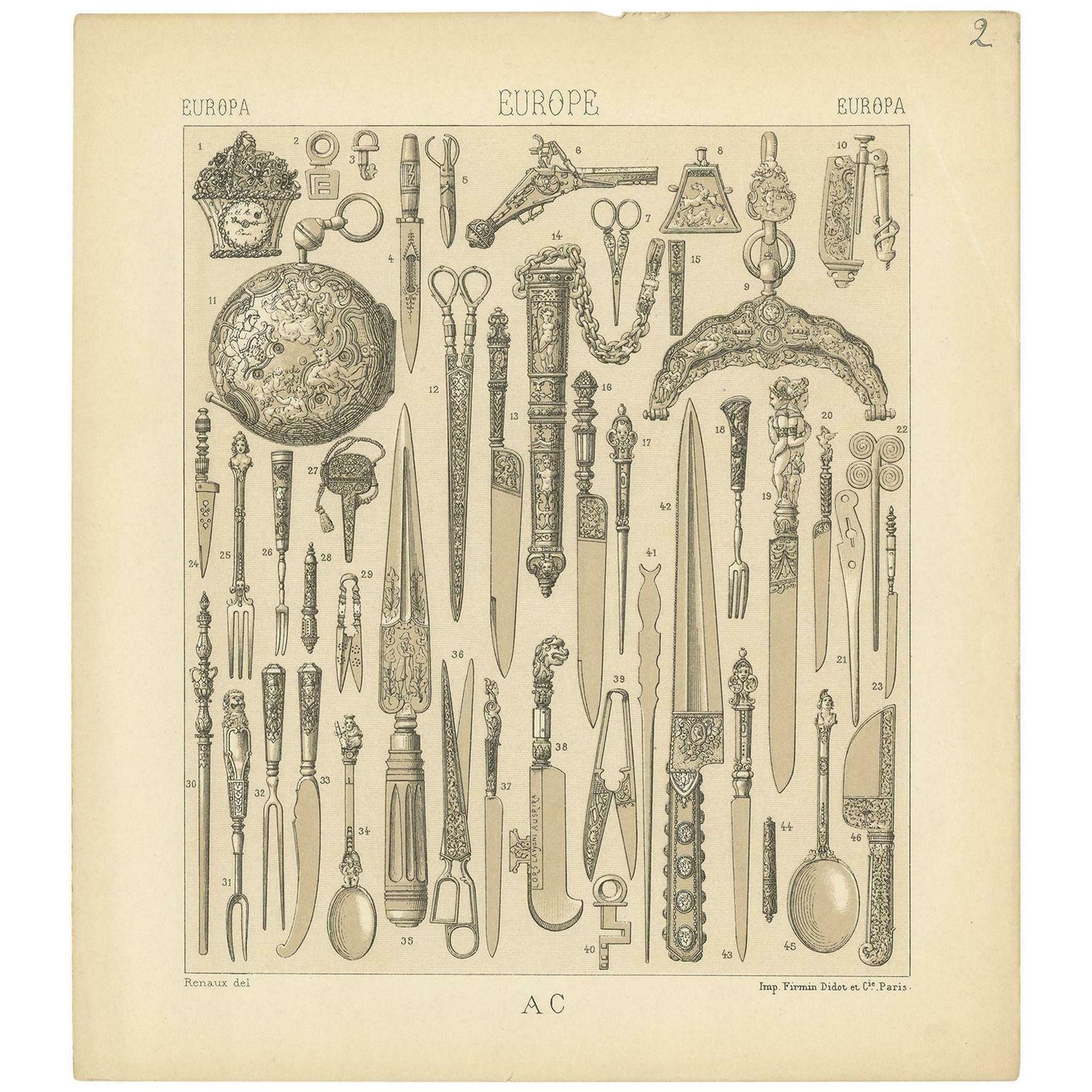 Pl. 2 Antique Print Of European Weapons And Jewelry Objects, Racinet, Circa 1880