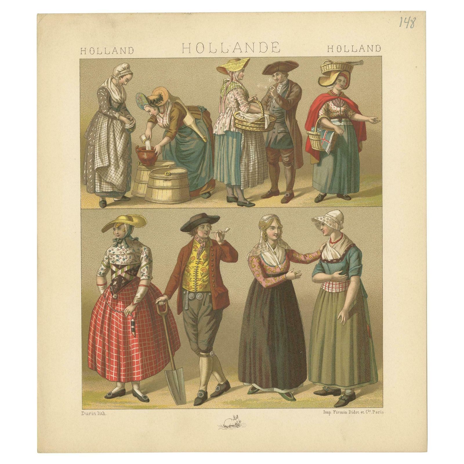 Pl. 148 Antique Print Of Holland Outfits By Racinet, 'Circa 1880'