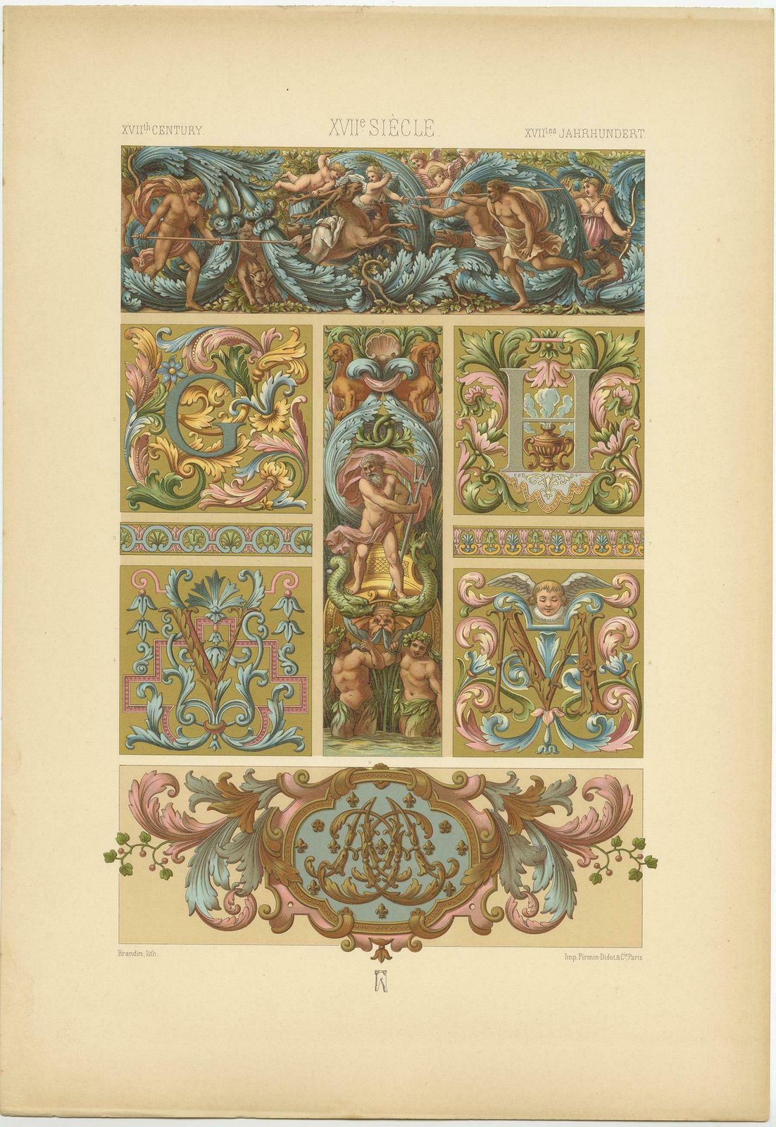 Pl. 111 Antique Print Of 17th Century From Interior Decor By Racinet, Circa 1890 photo for sale