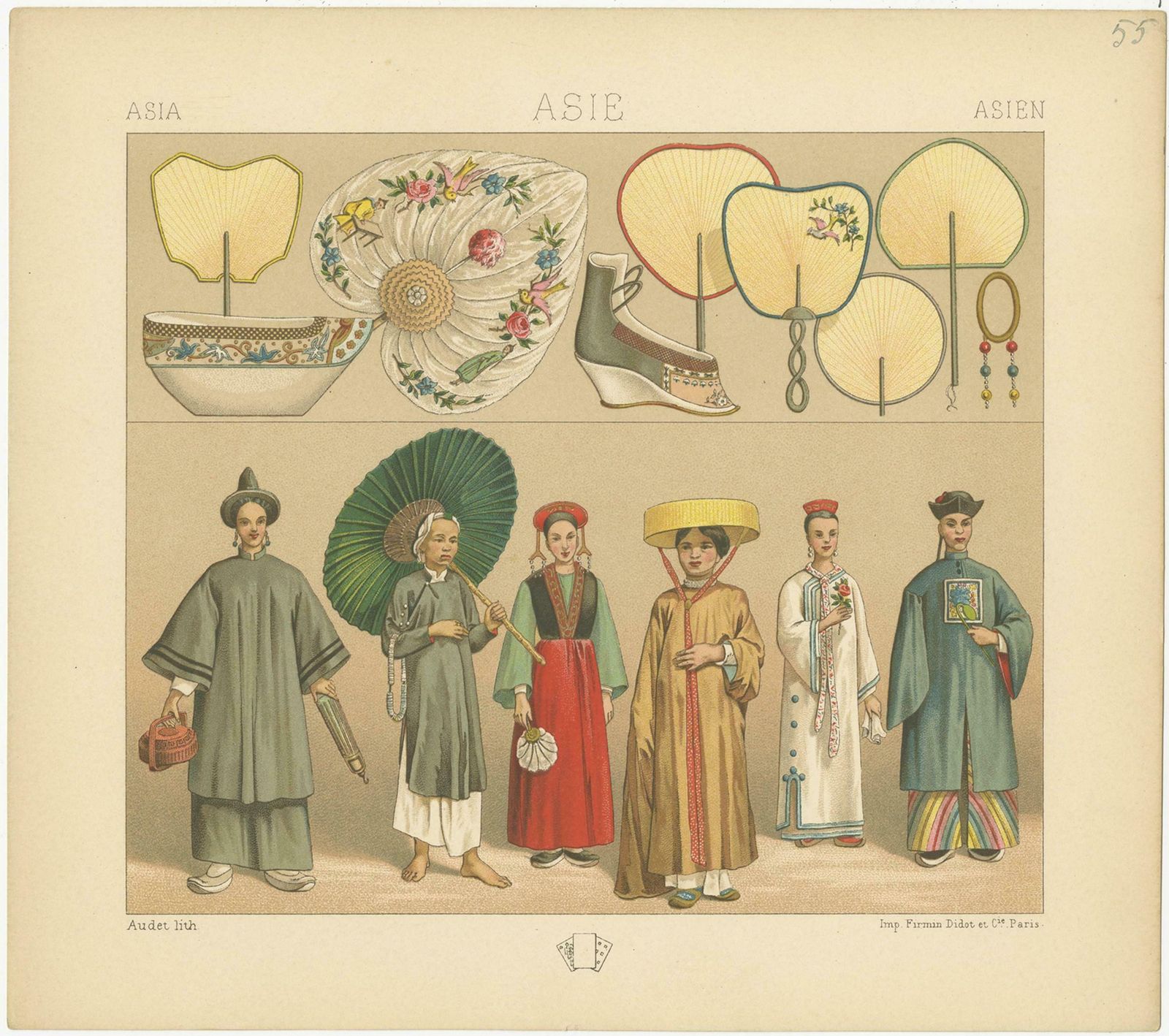 Pl. 55 Antique Print Of Asian Costumes By Racinet, 'Circa 1880' photo for sale