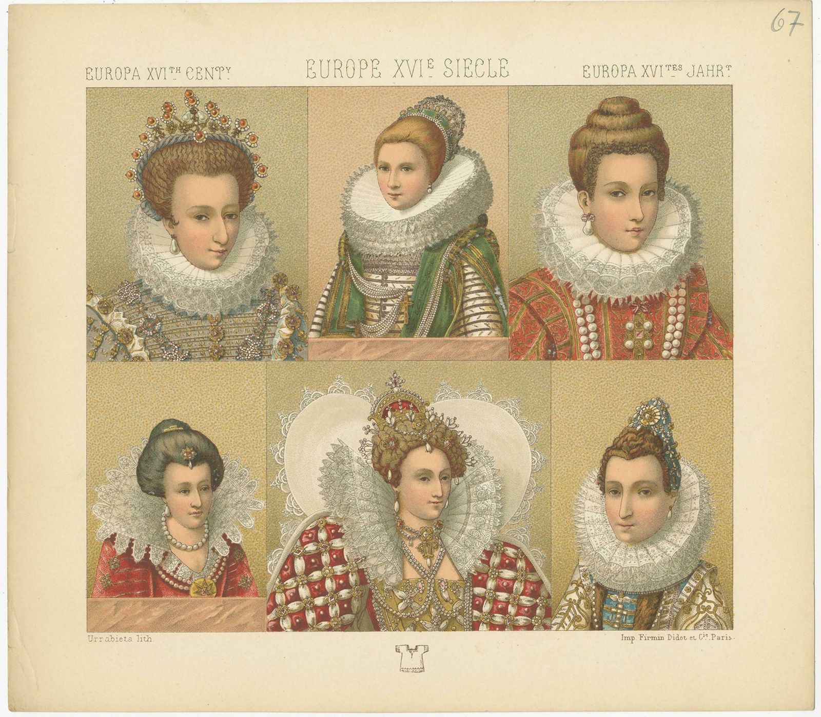 Pl. 67 Antique Print Of European 16th Century Costumes By Racinet, Circa 1880 photo Art