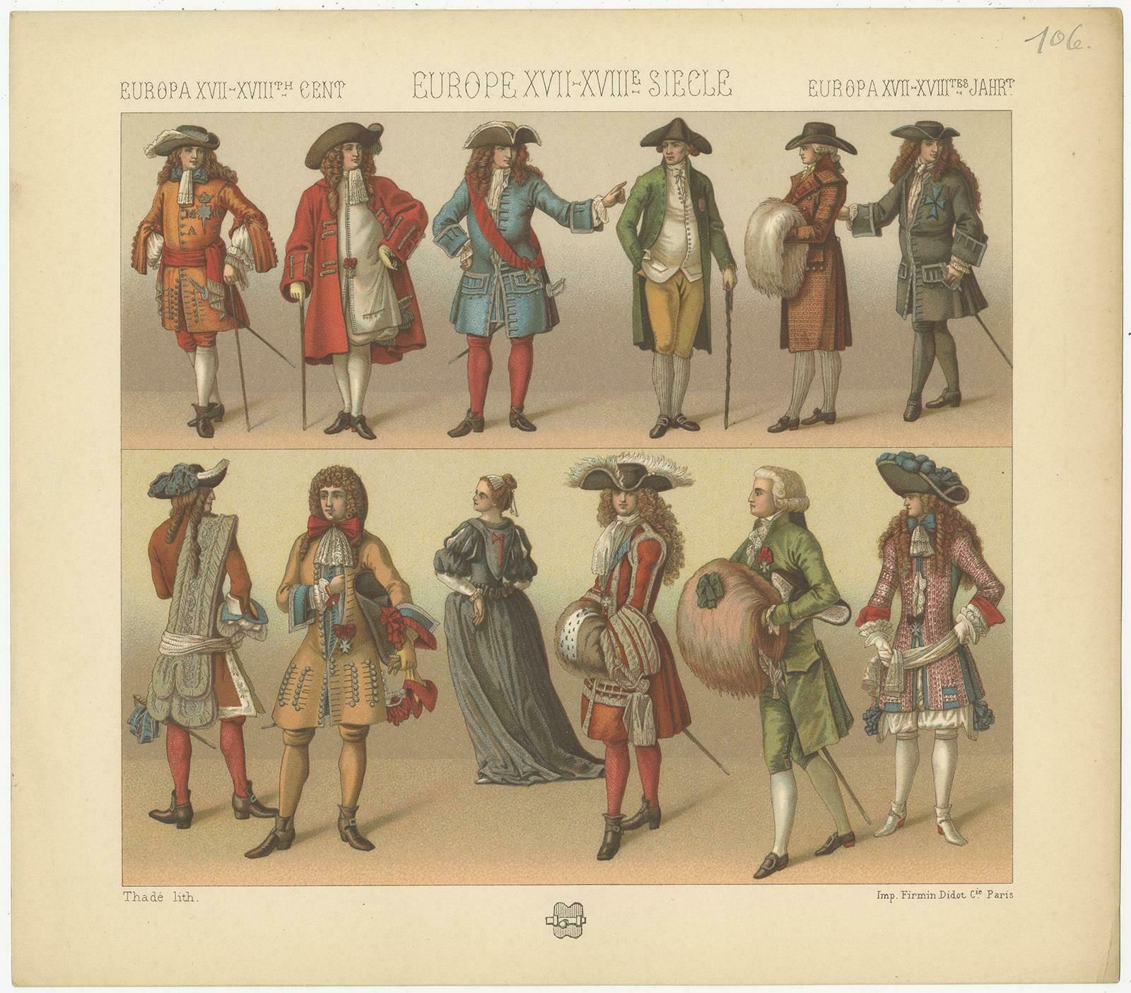 Pl. 106 Antique Print Of European XVII Xviiith Century Costumes By Racinet photo for sale