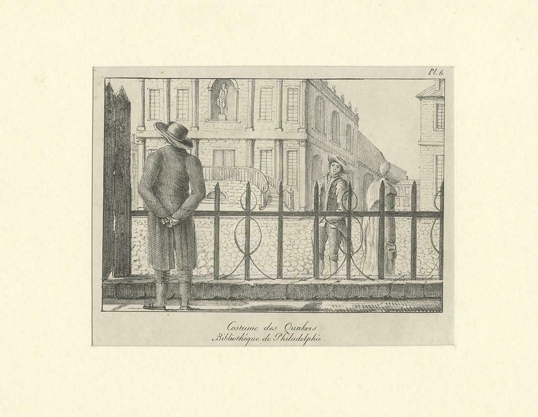 Antique Print Of A Quaker Man And Woman Near The Library Company Of Philadelphia photo for sale