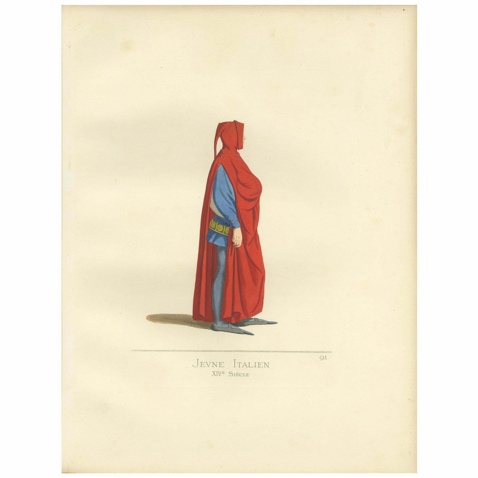 Antique Print Of A Young Italian Man, 14th Century, By Bonnard, 1860