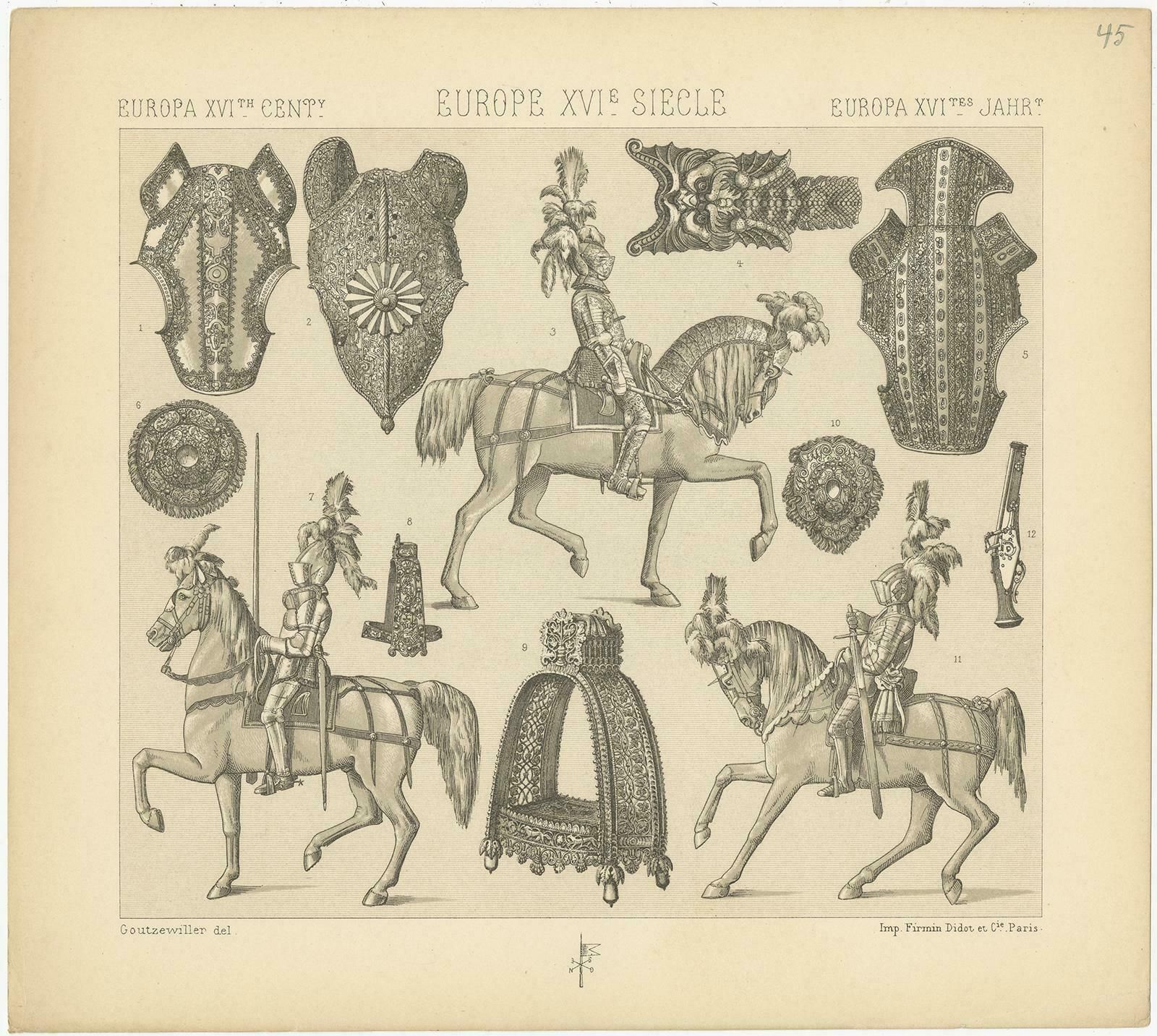 Pl. 45 Antique Print Of European 16th Century Armaments By Racinet, Circa 1880 photo furniture