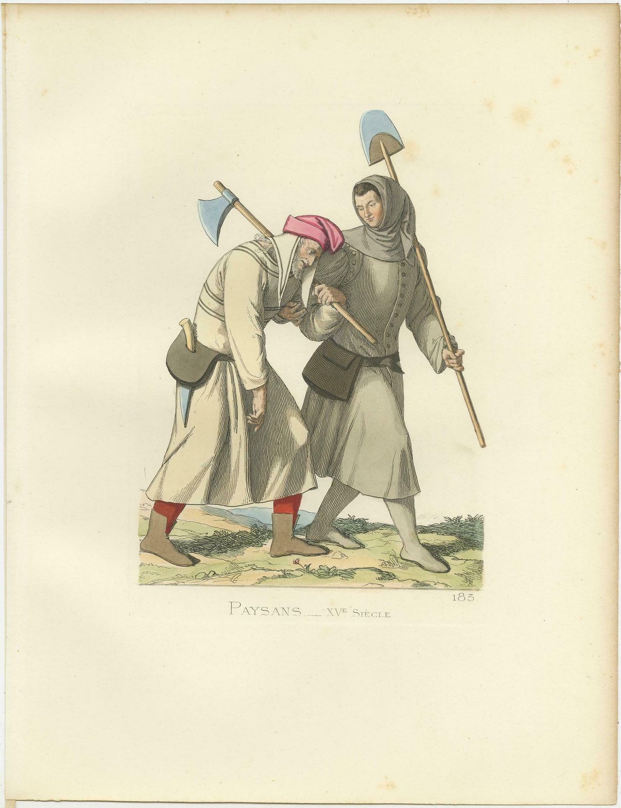 Antique Print Of Two Peasants, 15th Century, By Bonnard, 1860 photo furniture