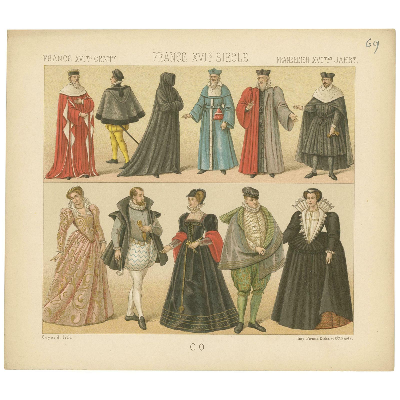 Pl. 69 Antique Print Of French Xvith Century Costumes By Racinet, Circa 1880
