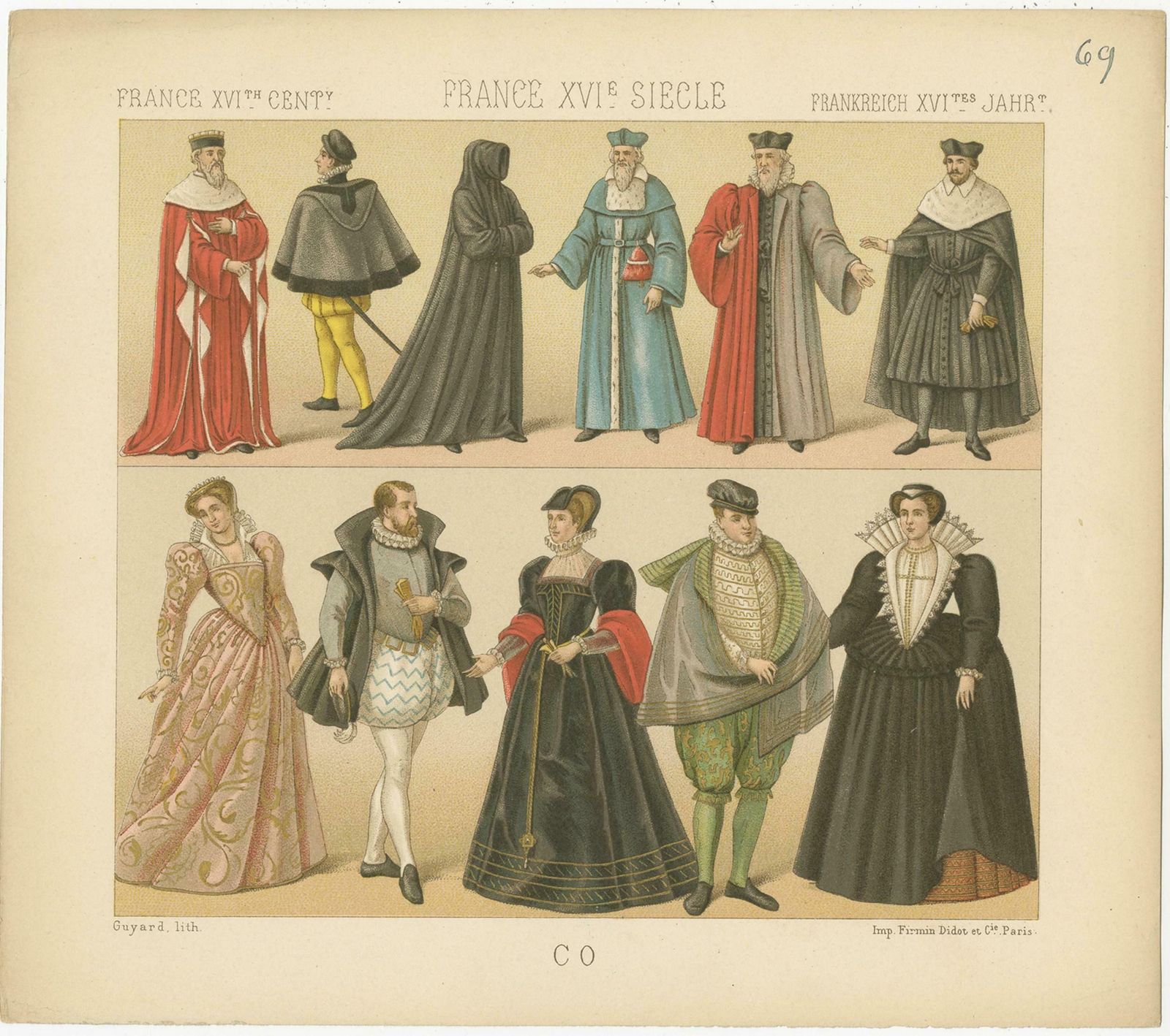 Pl. 69 Antique Print Of French Xvith Century Costumes By Racinet, Circa 1880 photo for sale
