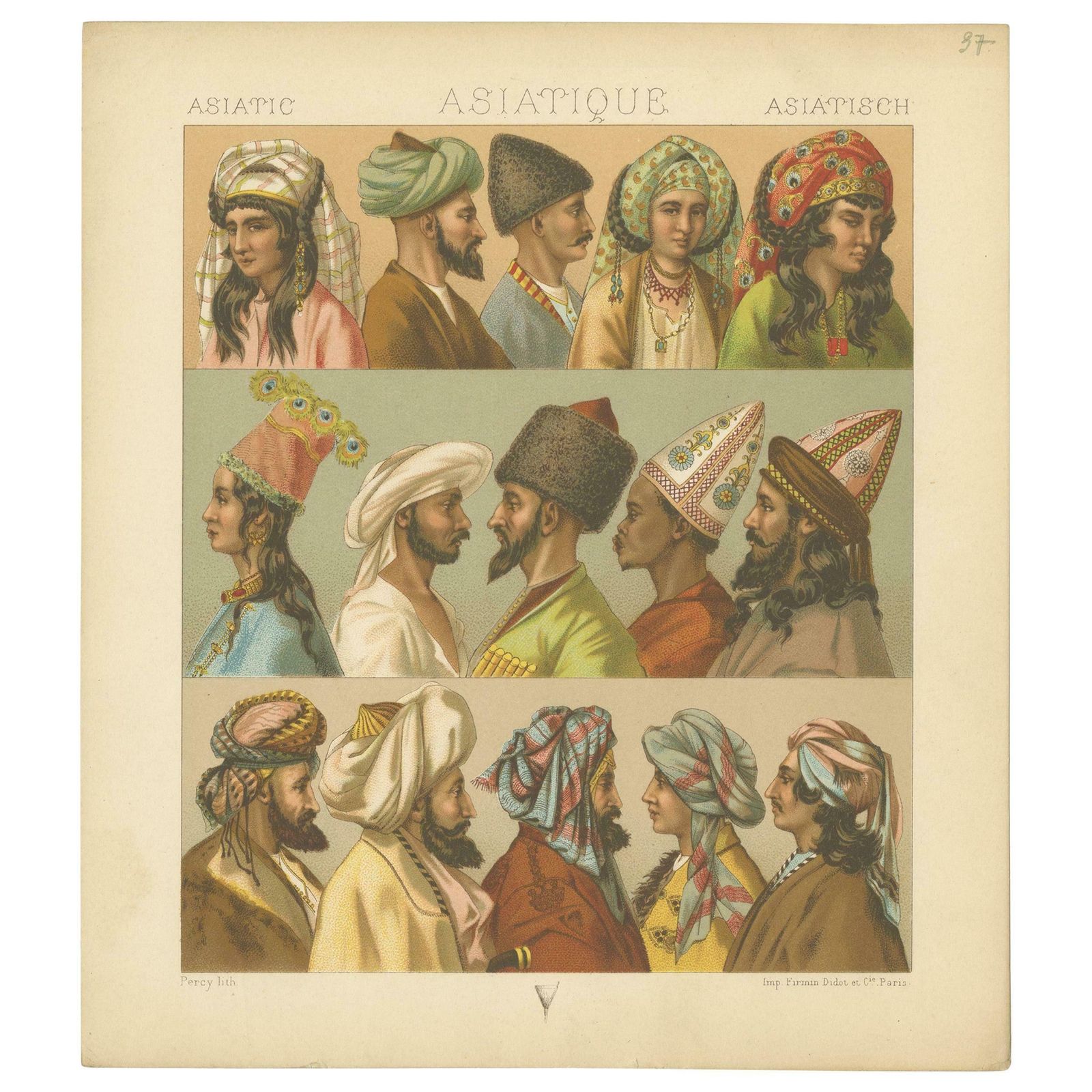 Pl. 37 Antique Print Of Asiatic Headwear By Racinet, 'Circa 1880'