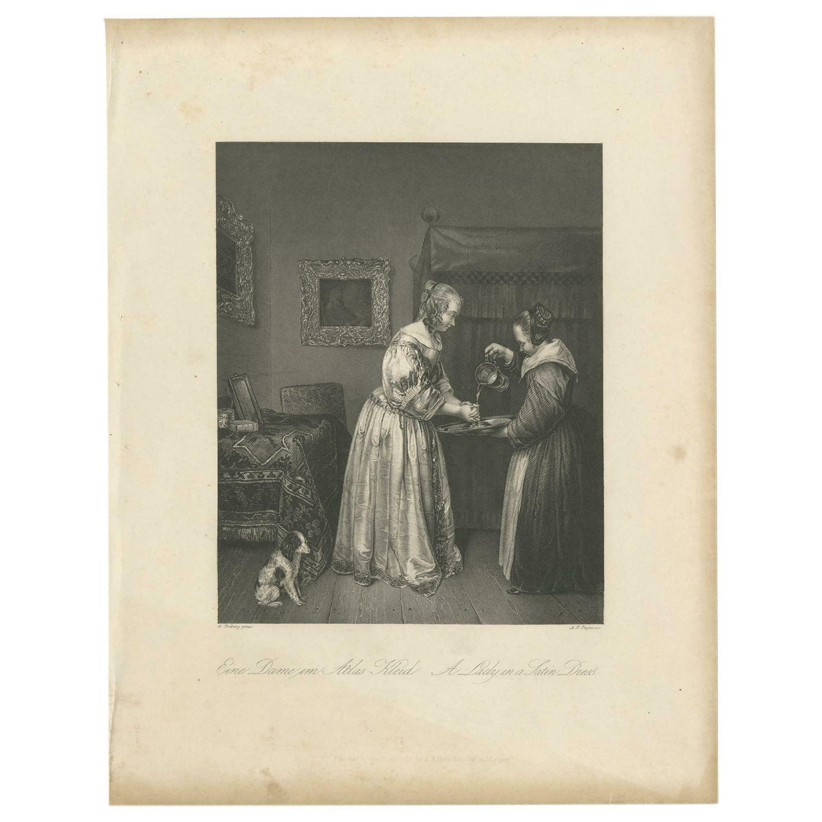 Antique Print Of A Lady In A Satin Dress By Payne 'C.1860'