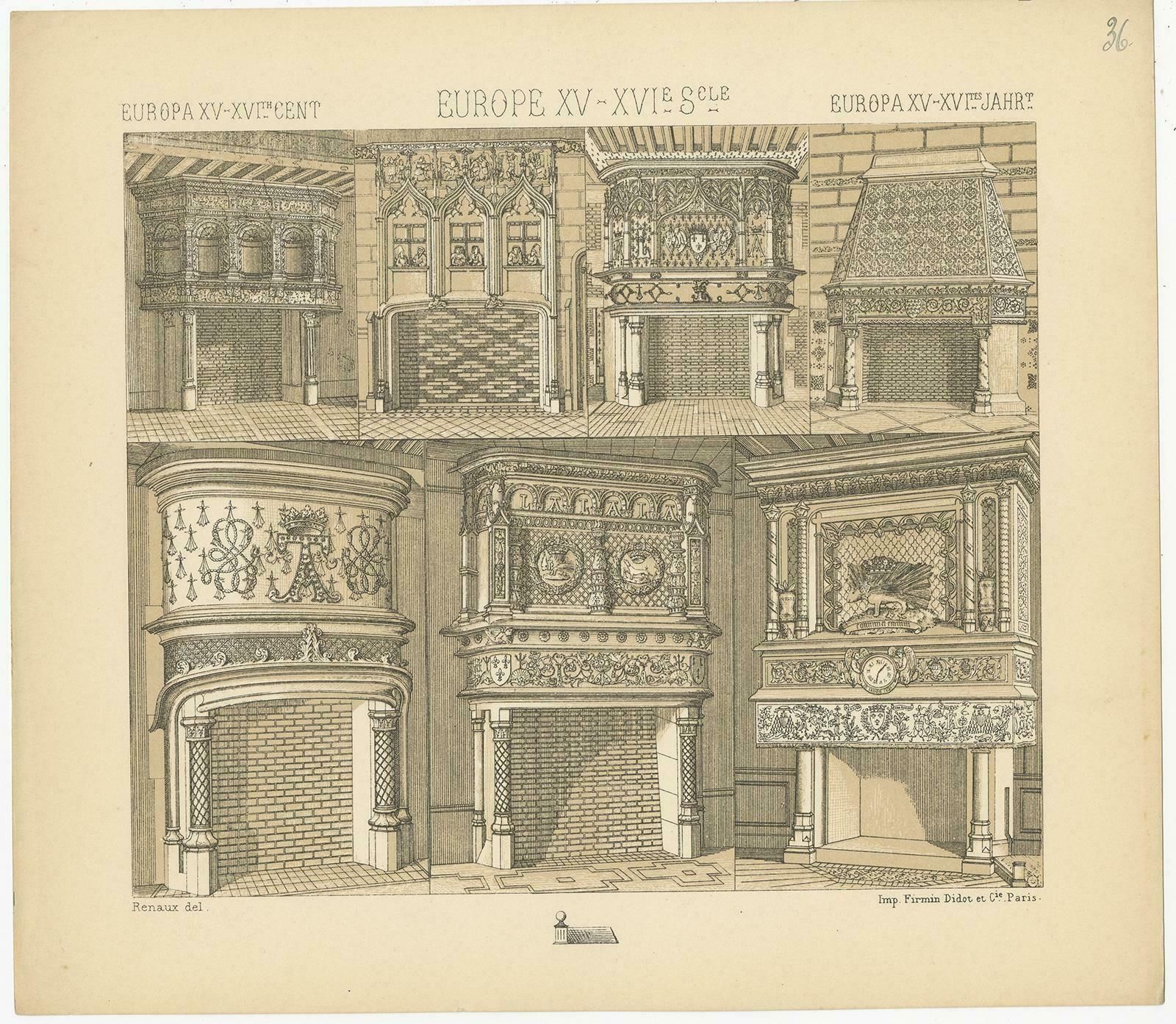 Pl. 36 Print Of European 15th 16th Century Fireplaces By Racinet, Circa 1880 photo Art