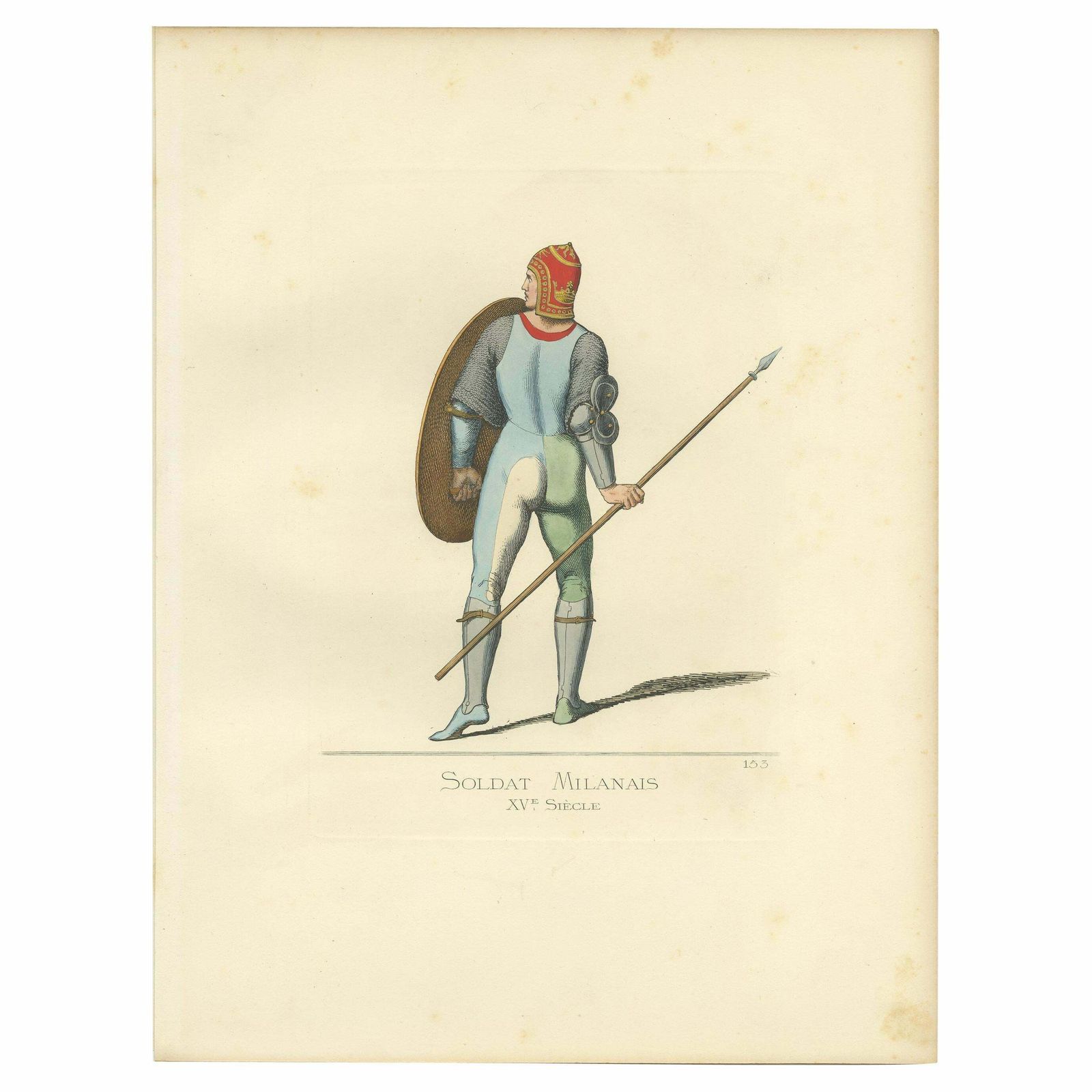 Antique Print Of A Milanese Soldier, 15th Century, By Bonnard, 1860