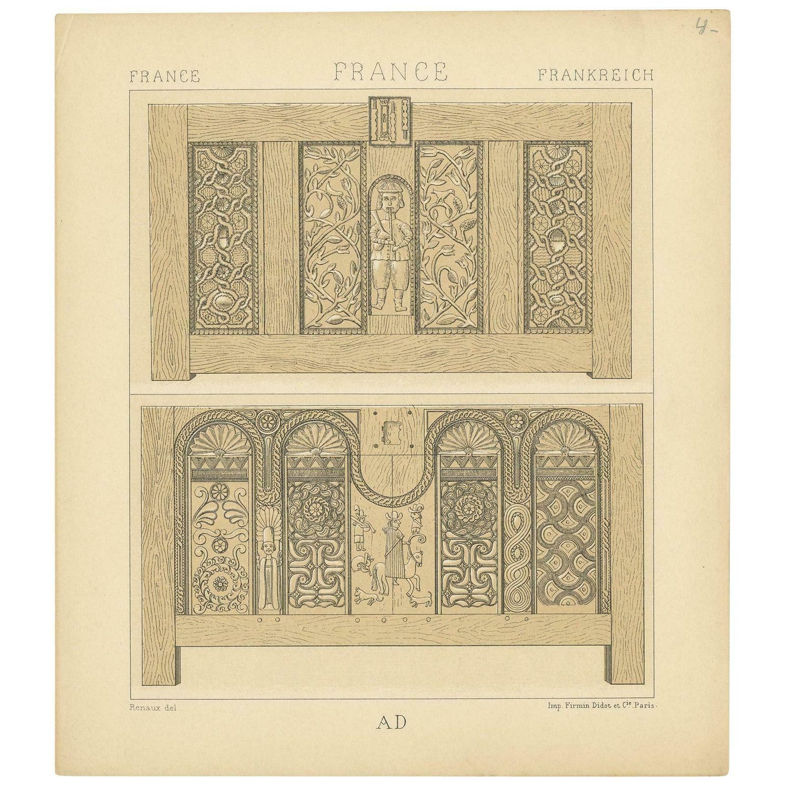 Pl. 4 Antique Print Of French Furniture Objects By Racinet, Circa 1880