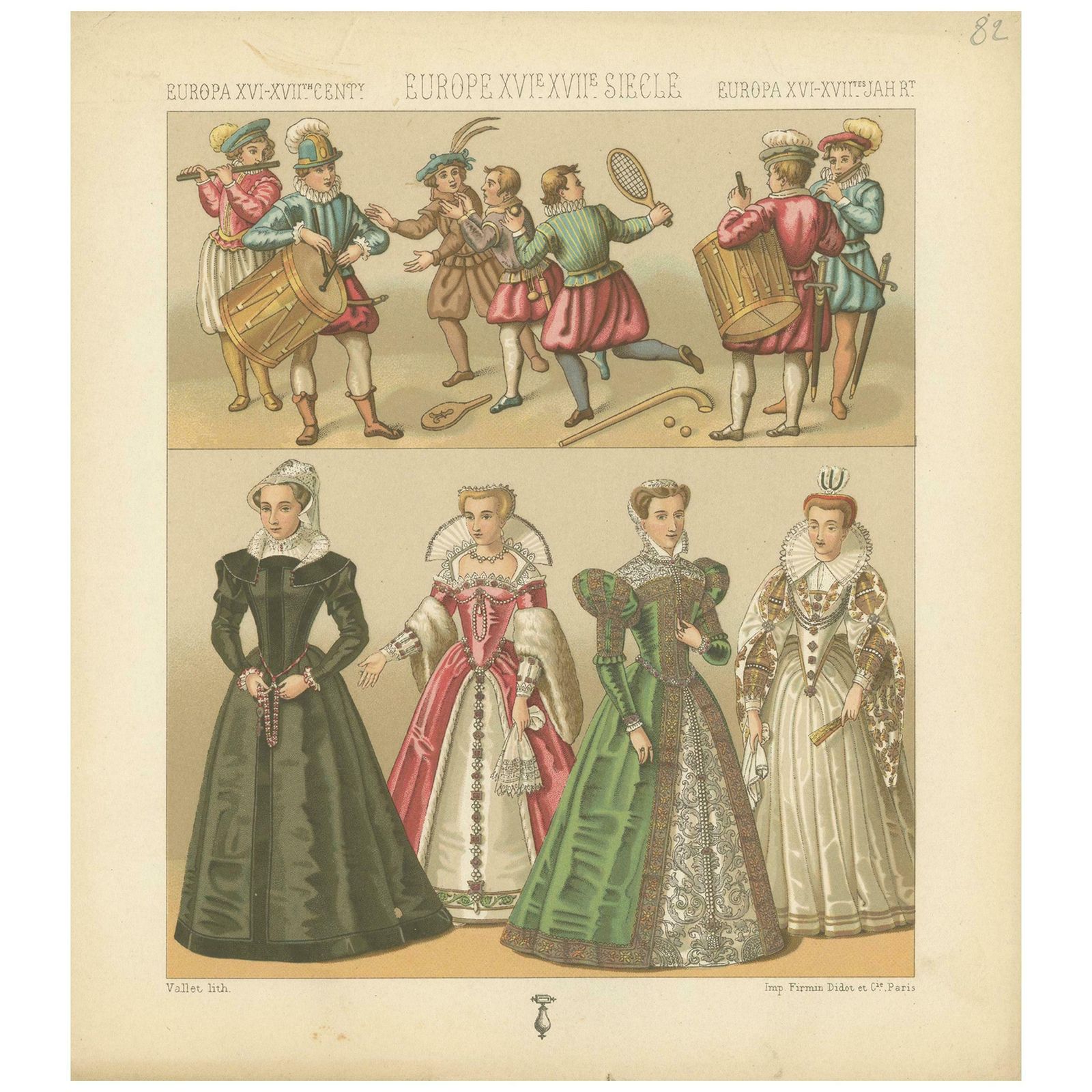 Pl. 82 Antique Print Of European Xvith XVII Century Costumes By Racinet