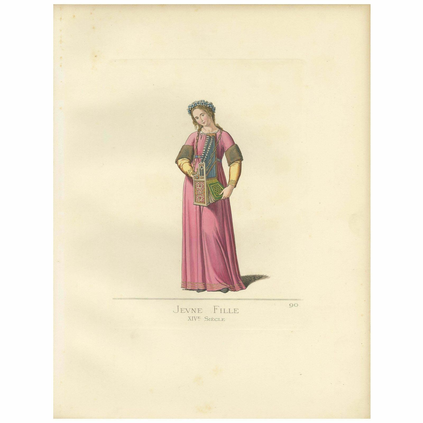 Antique Print Of A Young Italian Woman, 14th Century, By Bonnard, 1860