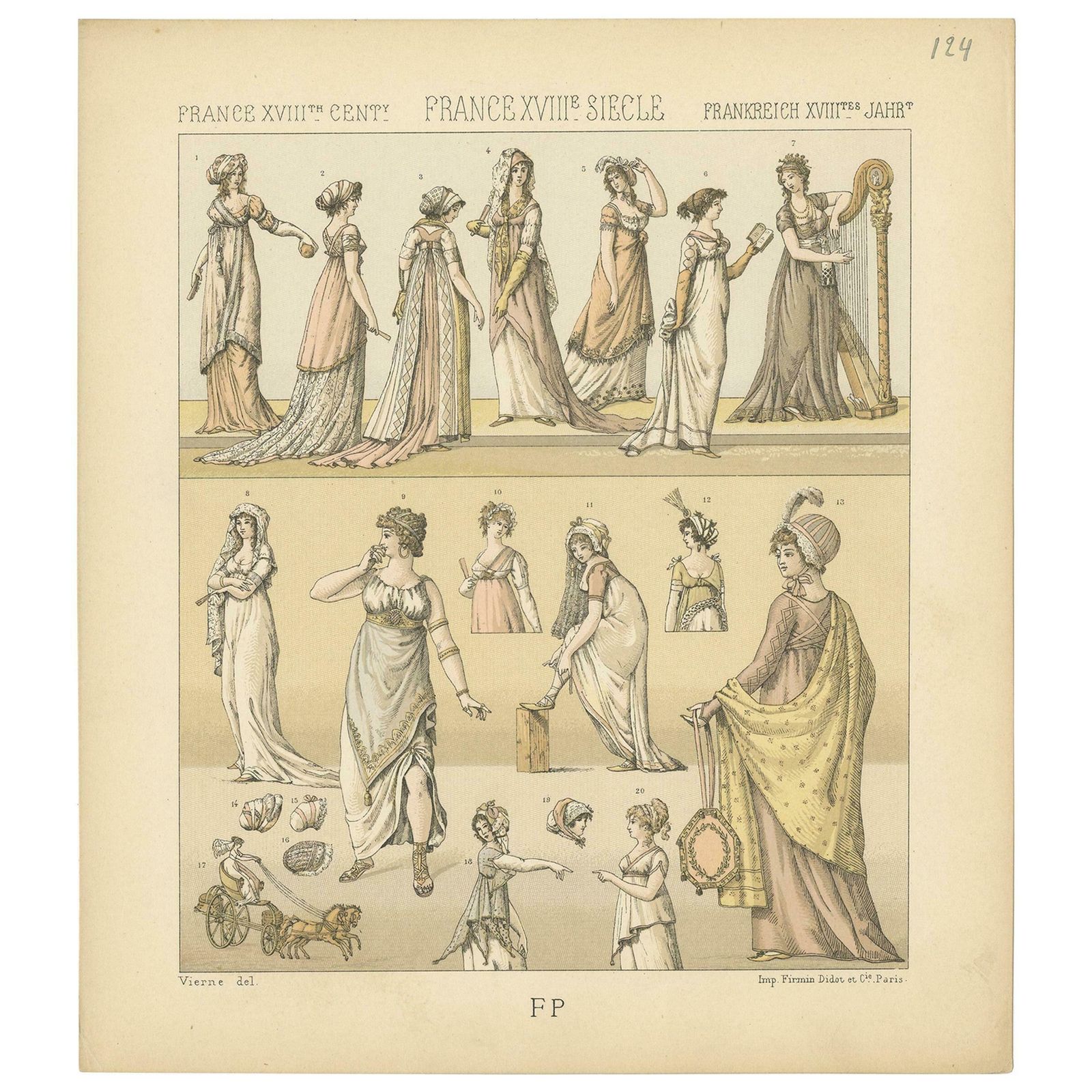 Pl. 124 Antique Print Of French 18th Century Women's Costumes By Racinet