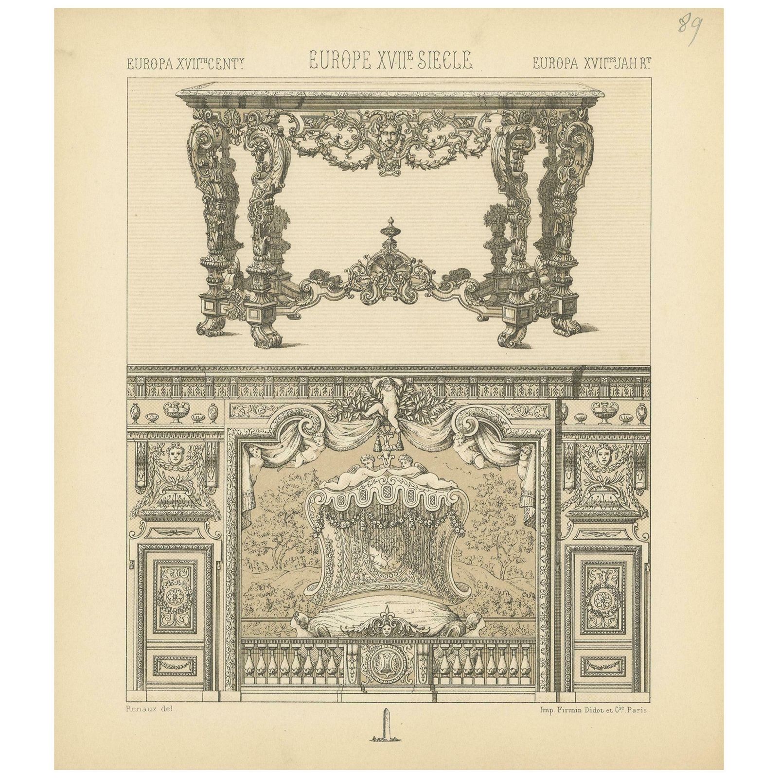 Pl. 89 Antique Print Of European 17th Century Furniture By Racinet, Circa 1880