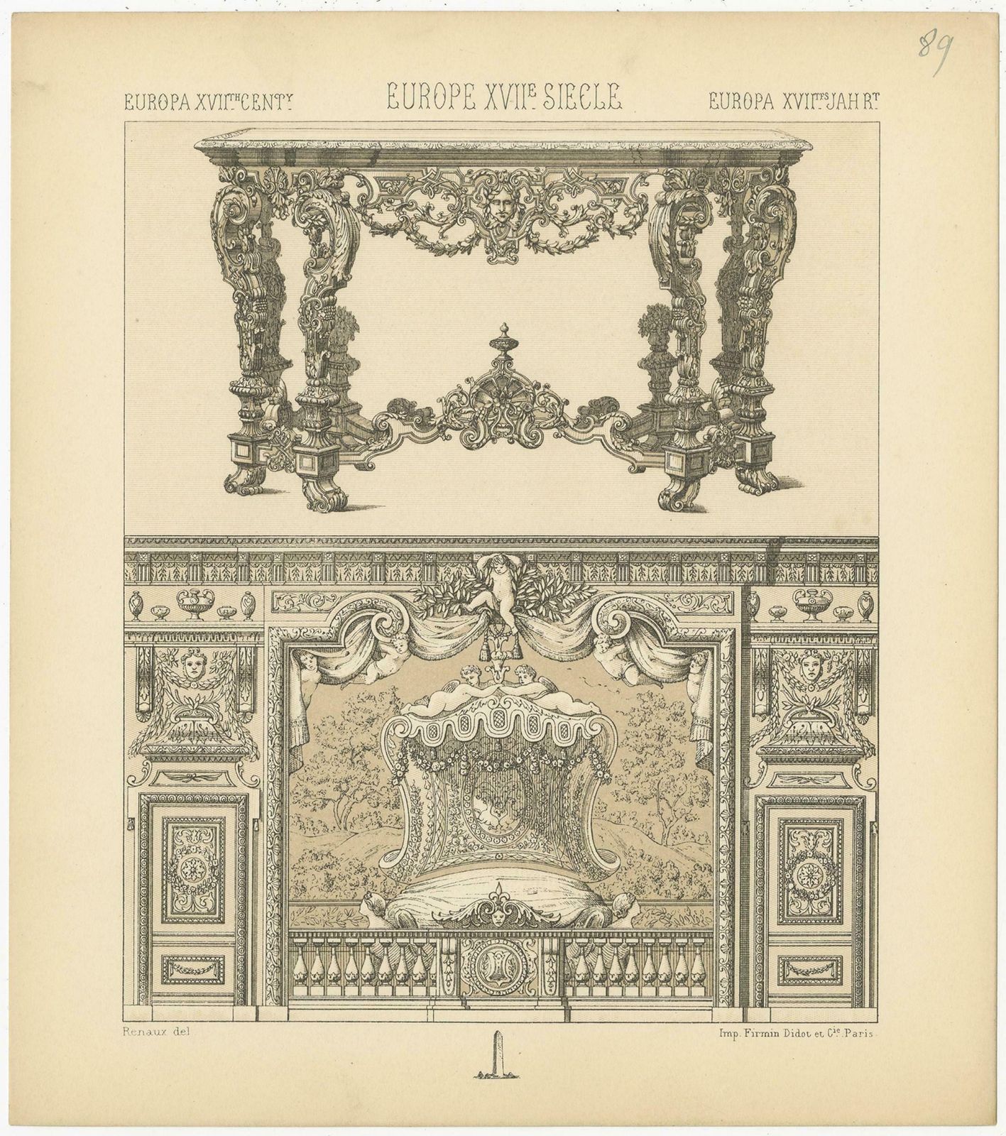 Pl. 89 Antique Print Of European 17th Century Furniture By Racinet, Circa 1880 photo Art