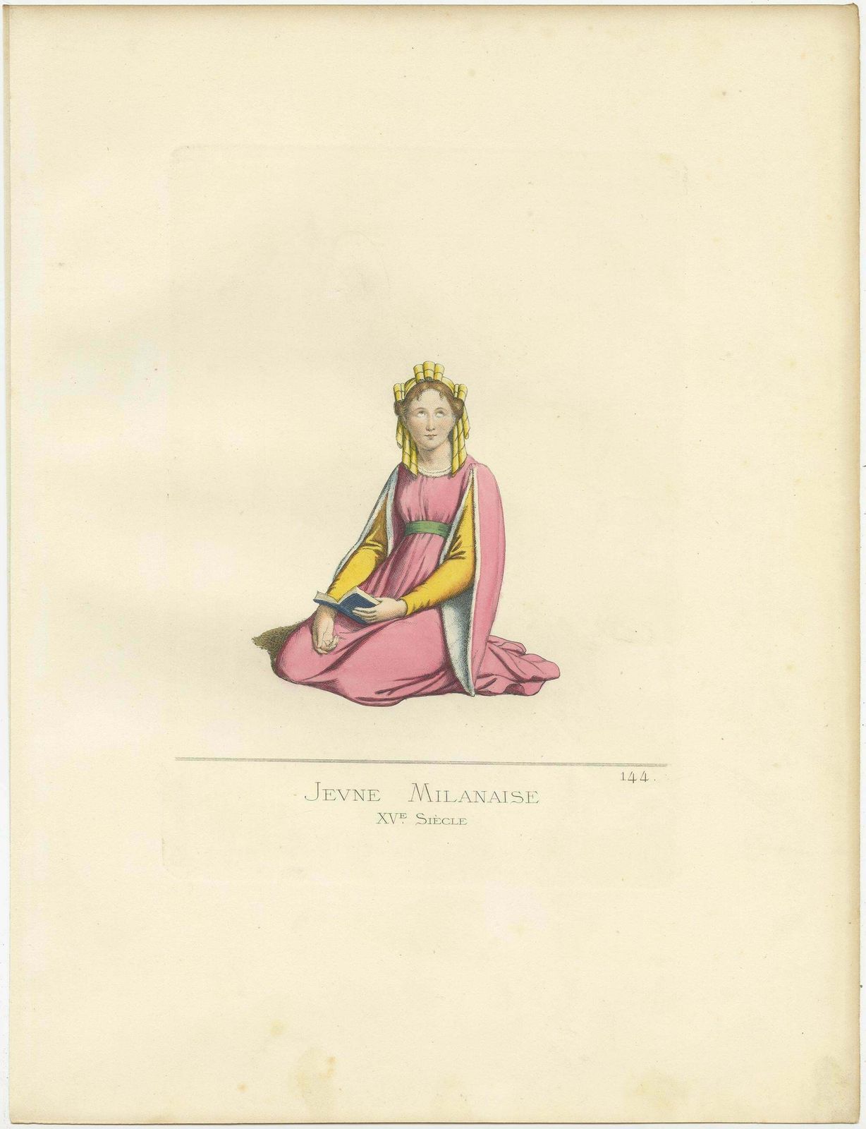 Antique Print Of A Young Woman From Milan, 14th Century, By Bonnard, 1860 photo for sale