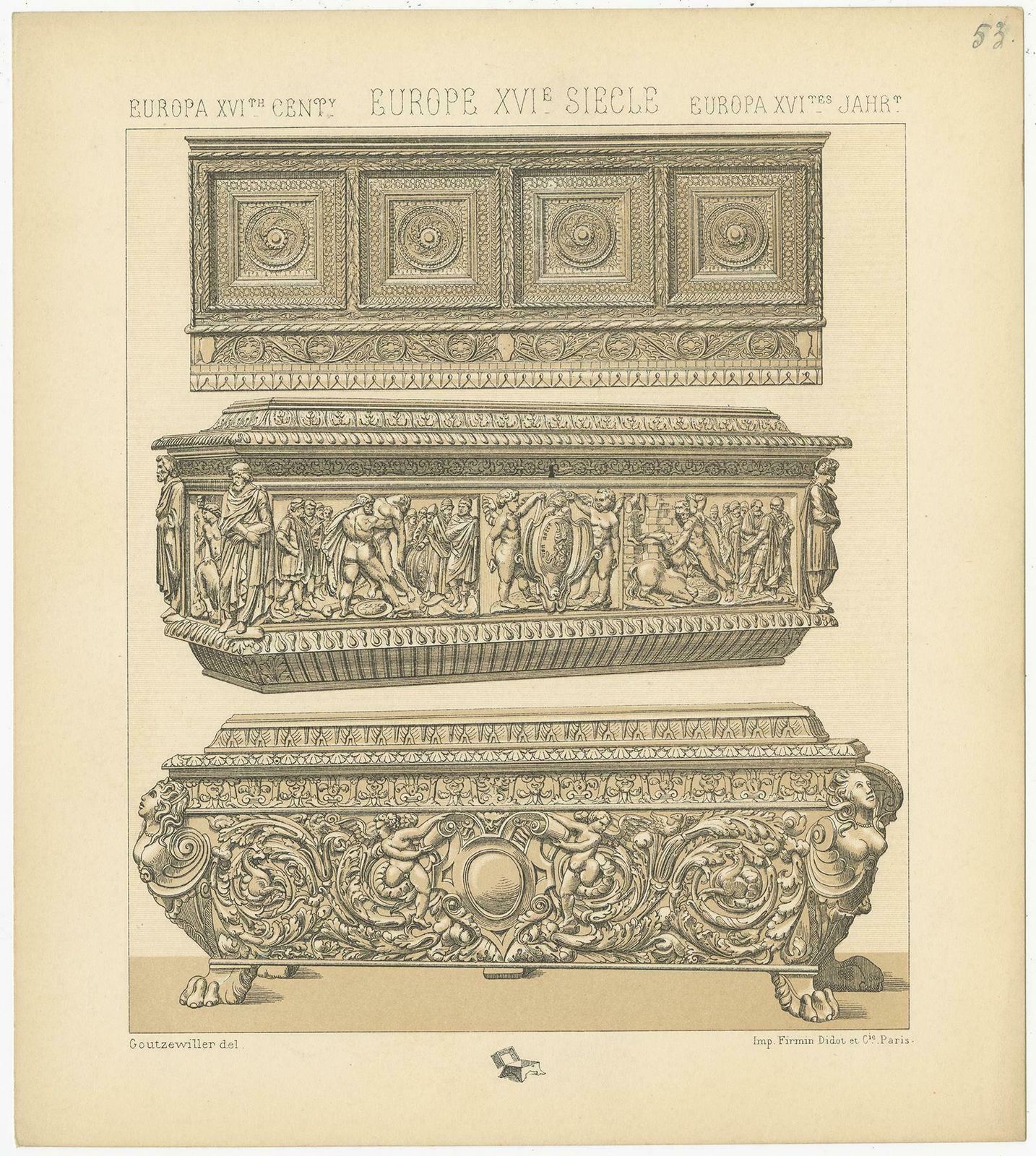 Pl. 53 Antique Print Of European 16th Century Furniture By Racinet, Circa 1880 photo Art
