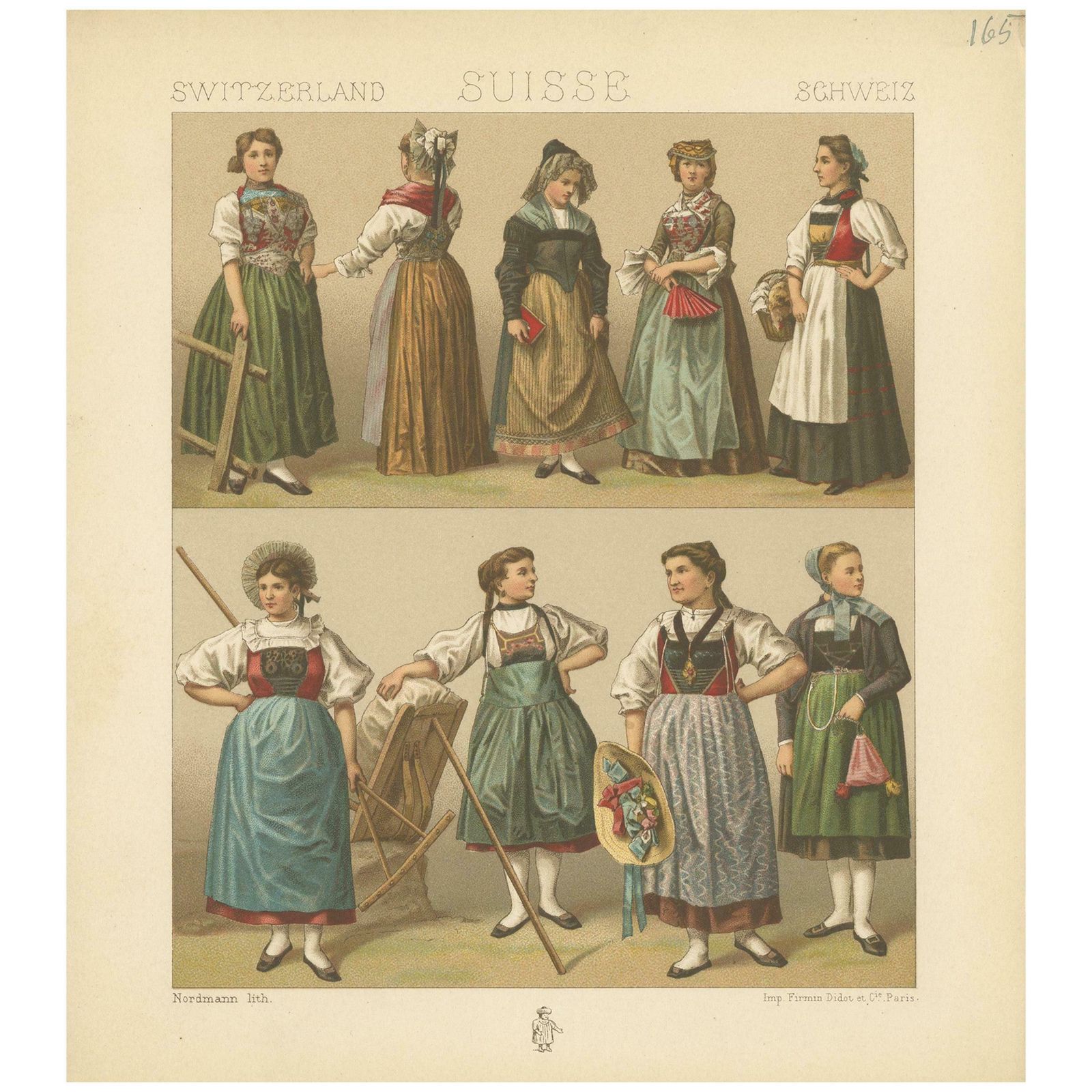 Pl. 165 Antique Print Of Swiss Women's Outfits By Racinet, 'Circa 1880'