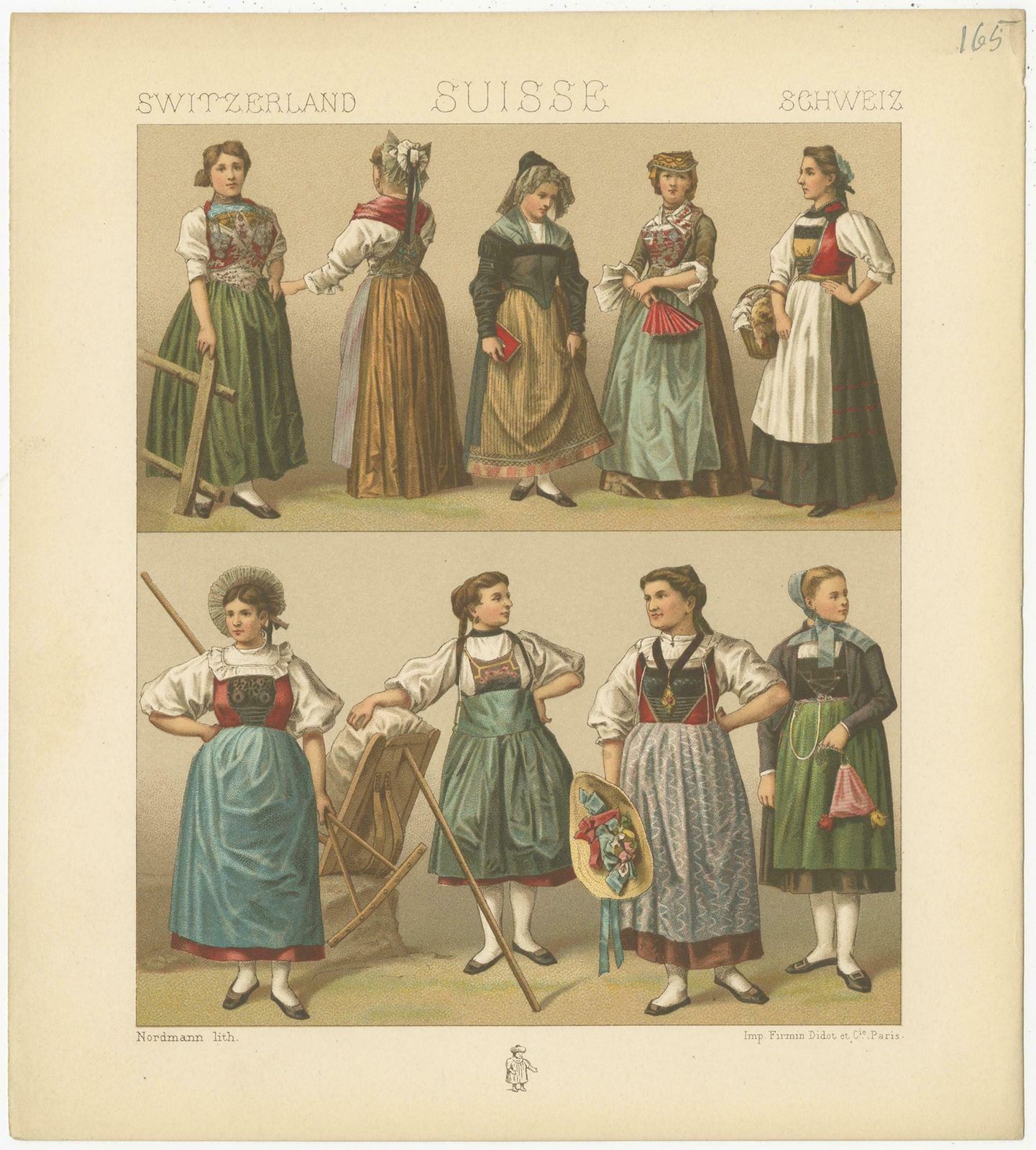 Pl. 165 Antique Print Of Swiss Women's Outfits By Racinet, 'Circa 1880' photo furniture