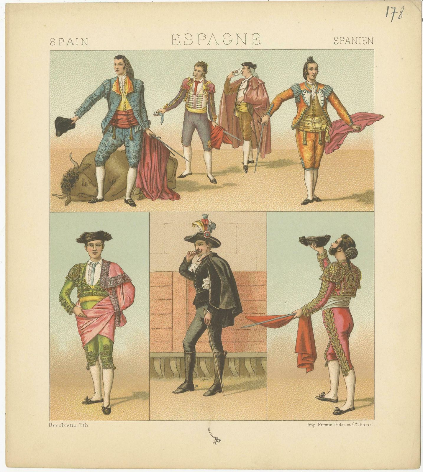 Pl. 178 Antique Print Of Spanish Bullfighting Costumes By Racinet, 'Circa 1880' photo Art