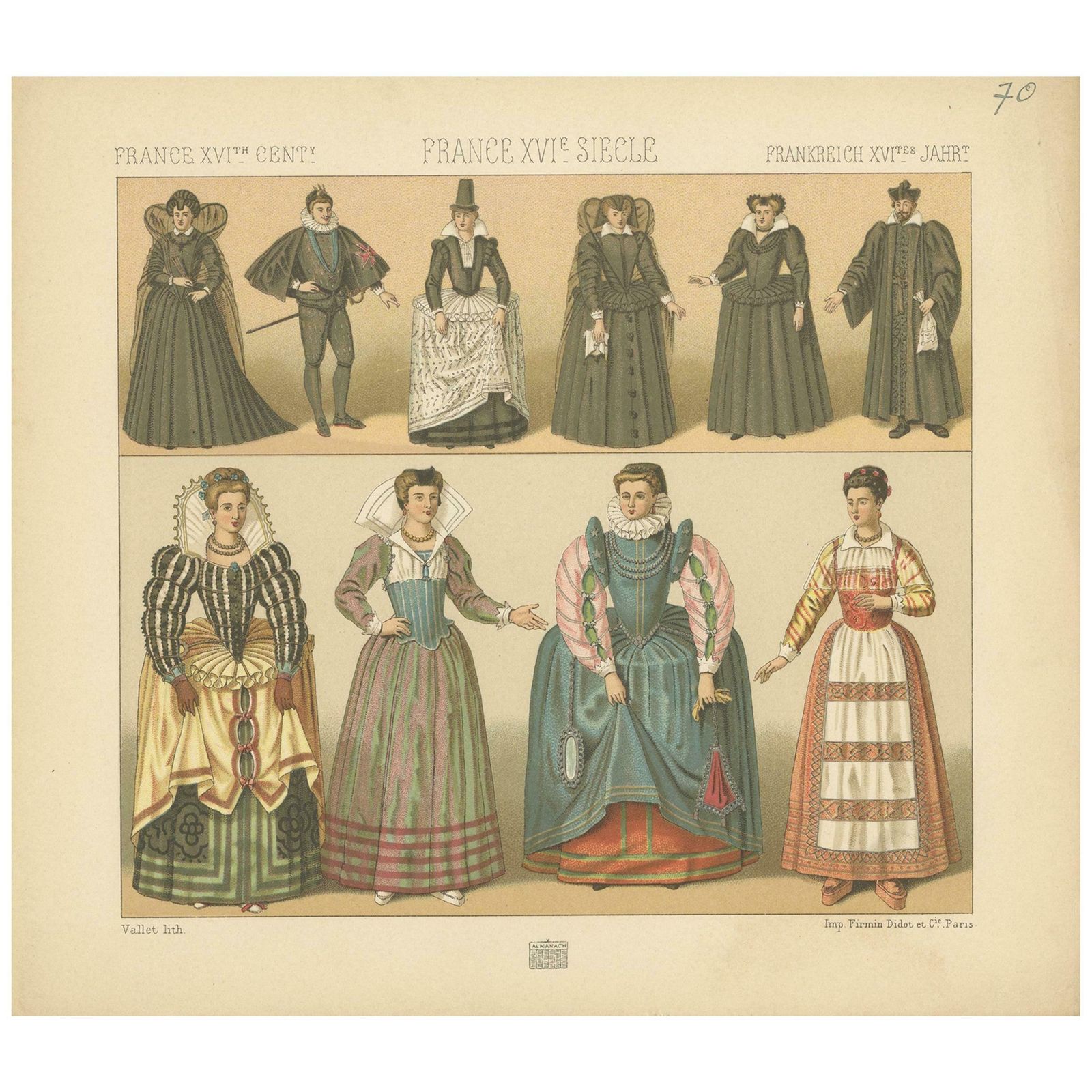 Pl. 70 Antique Print Of French 16th Century Costumes By Racinet, Circa 1880