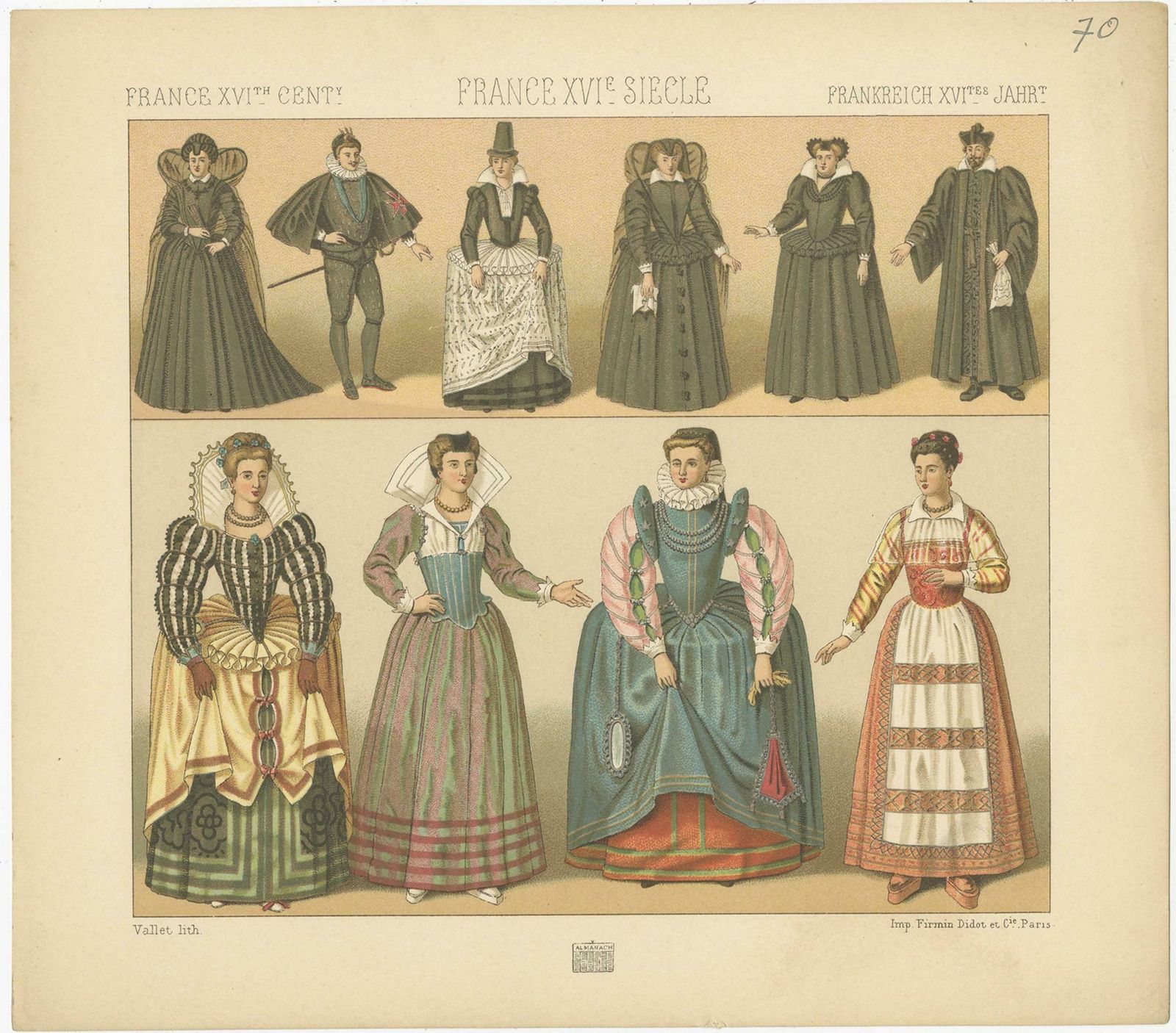Pl. 70 Antique Print Of French 16th Century Costumes By Racinet, Circa 1880 photo for sale