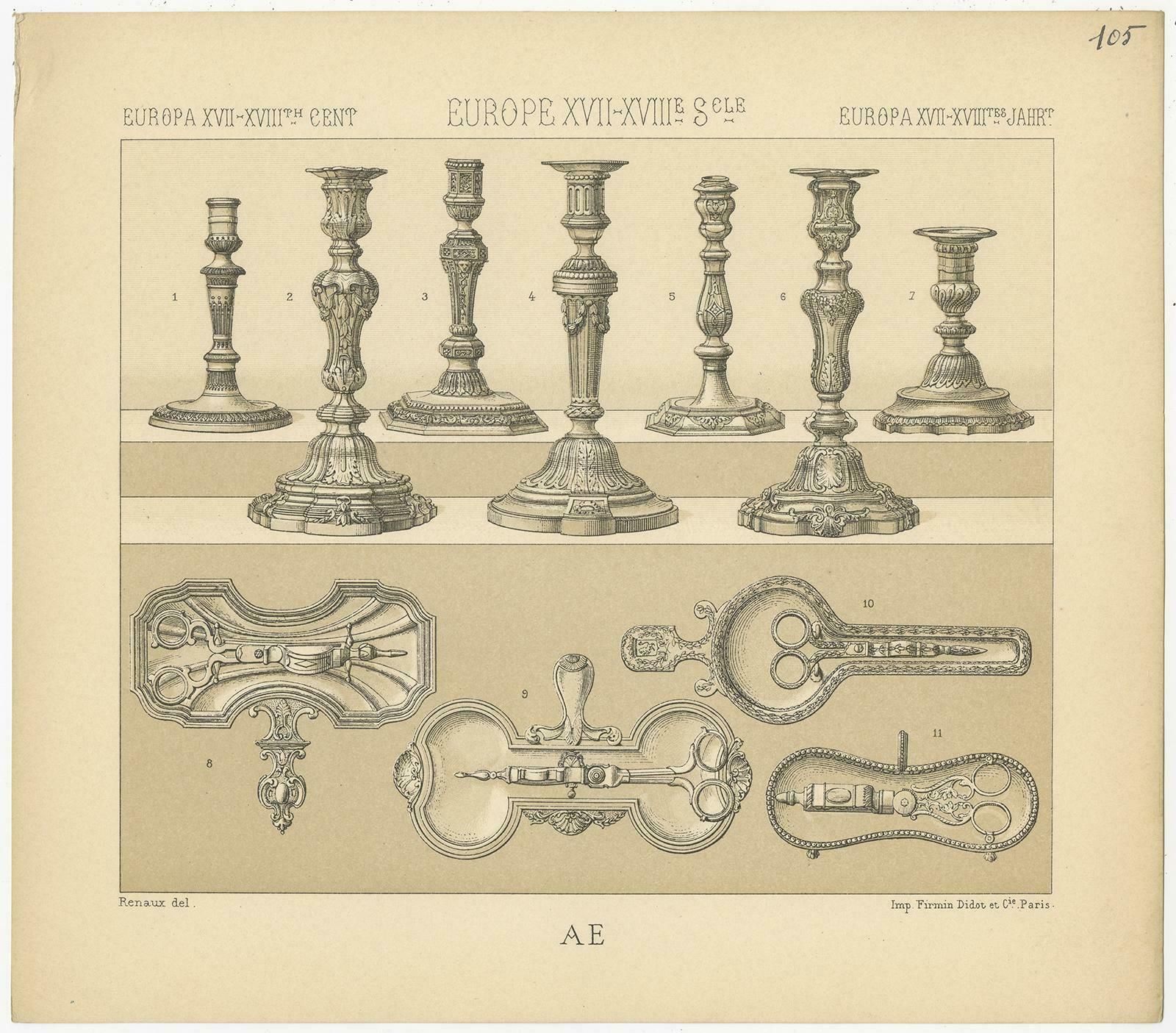 Pl. 105 Antique Print Of European 17th 18th Century Objects By Racinet photo furniture