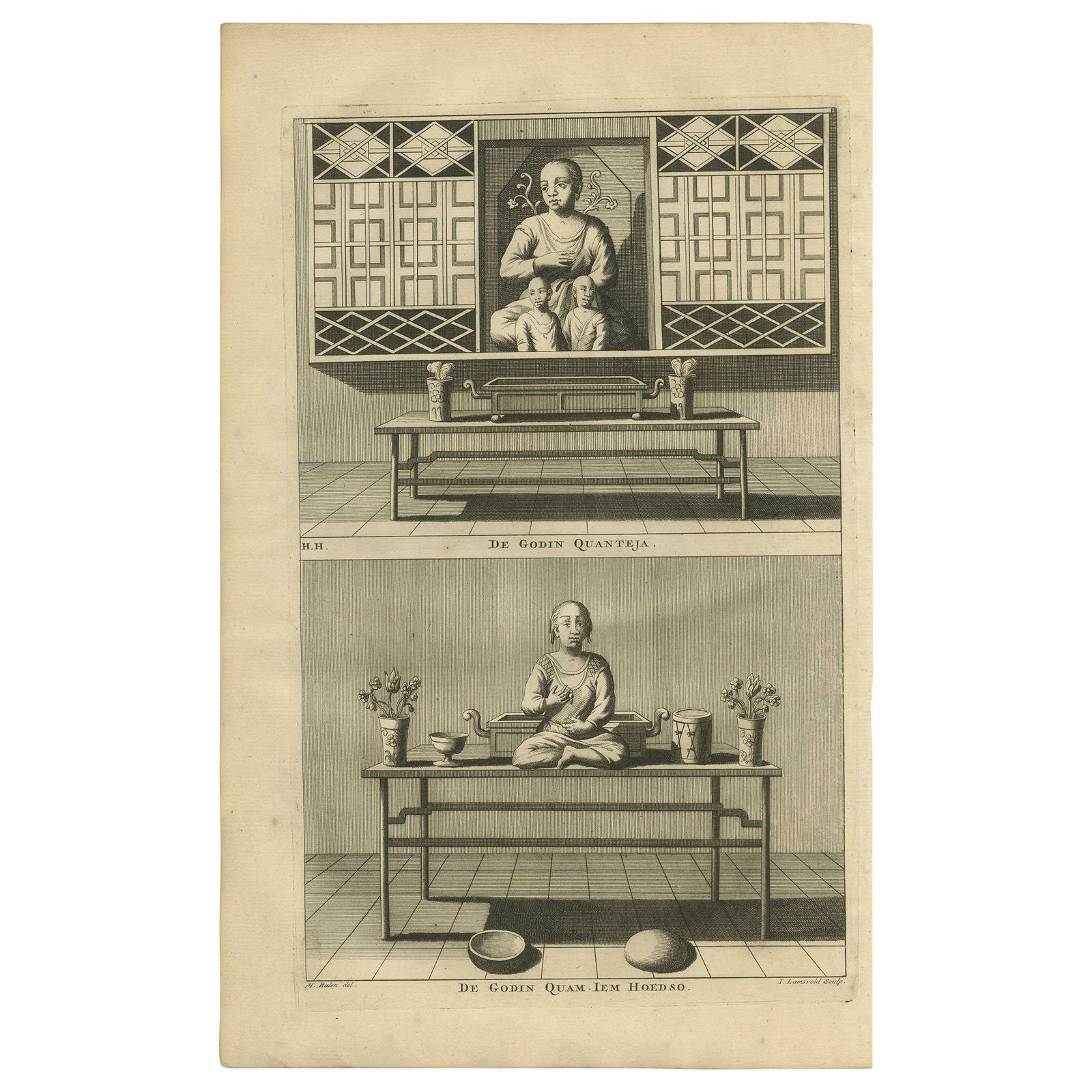 Antique Print Of Female Deities Of Chinese Buddhism By Valentijn, 1726