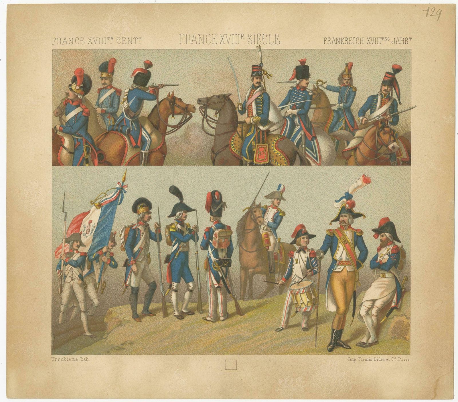 Pl. 129 Antique Print Of French 18th Century Military Scenes By Racinet photo Art