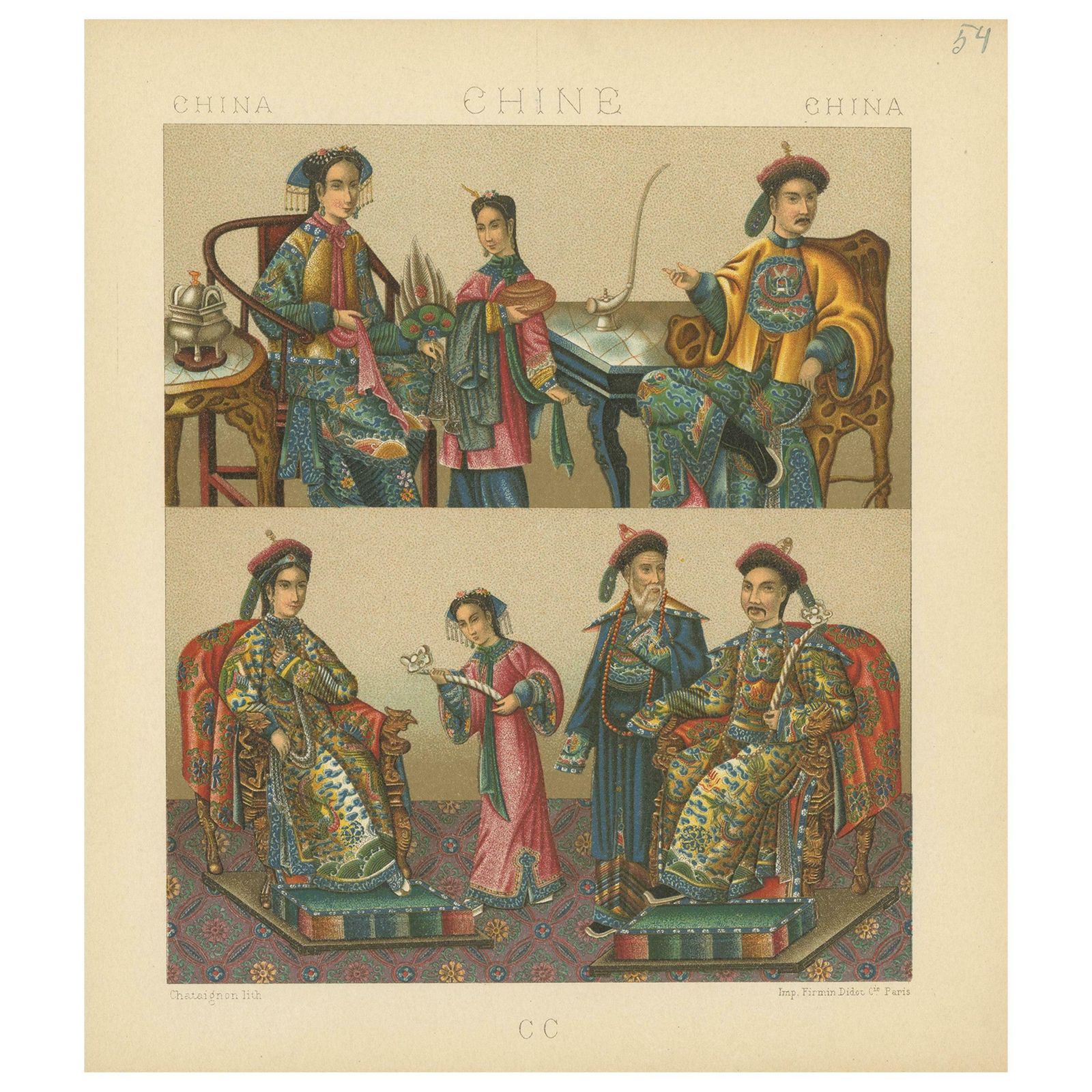 Pl. 54 Antique Print Of Chinese Costumes By Racinet, 'Circa 1880'