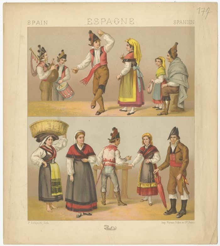 Pl. 177 Antique Print Of Spanish Costumes By Racinet Circa 1880 photo for sale