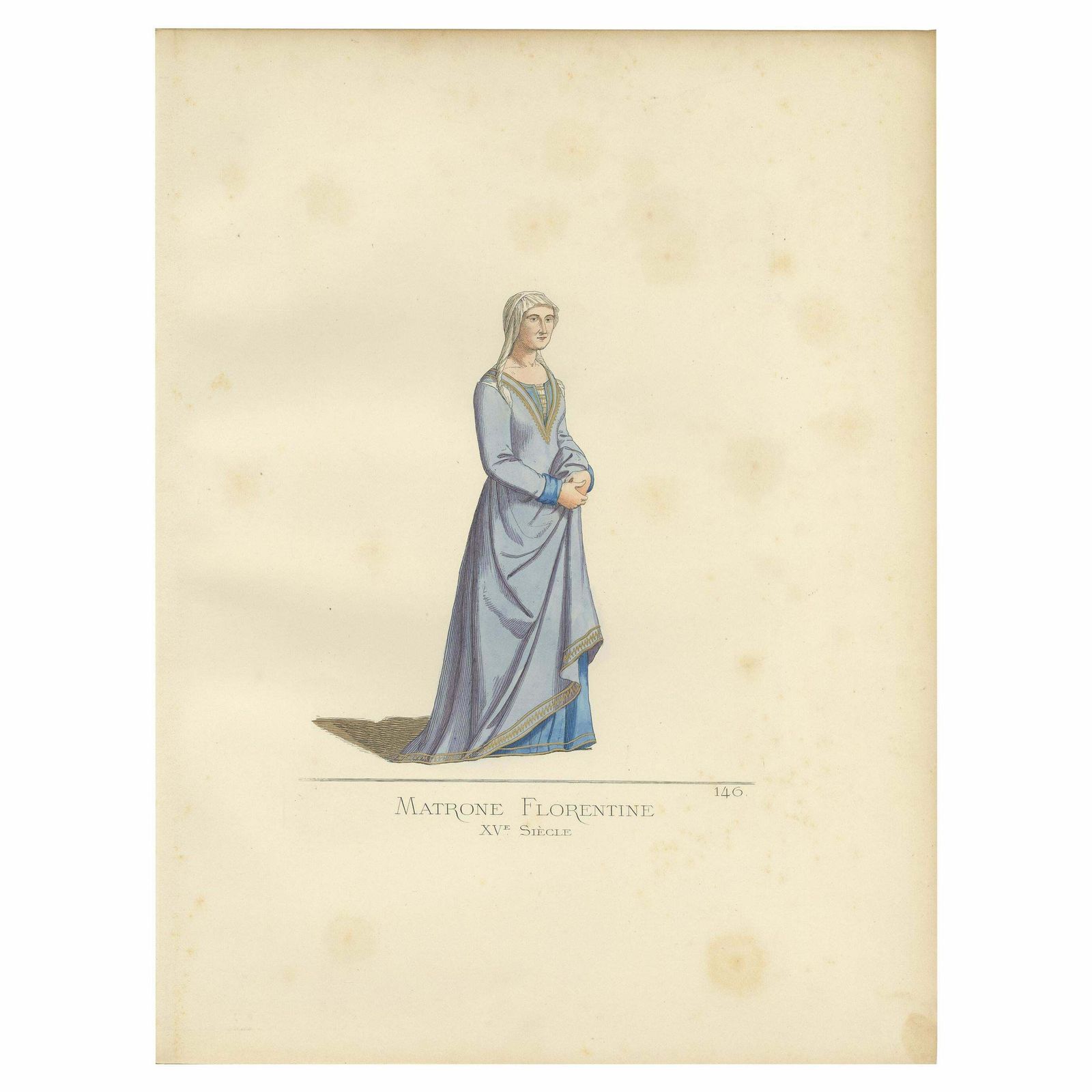 Antique Print Of A Florentine Matrona, 15th Century, By Bonnard, 1860