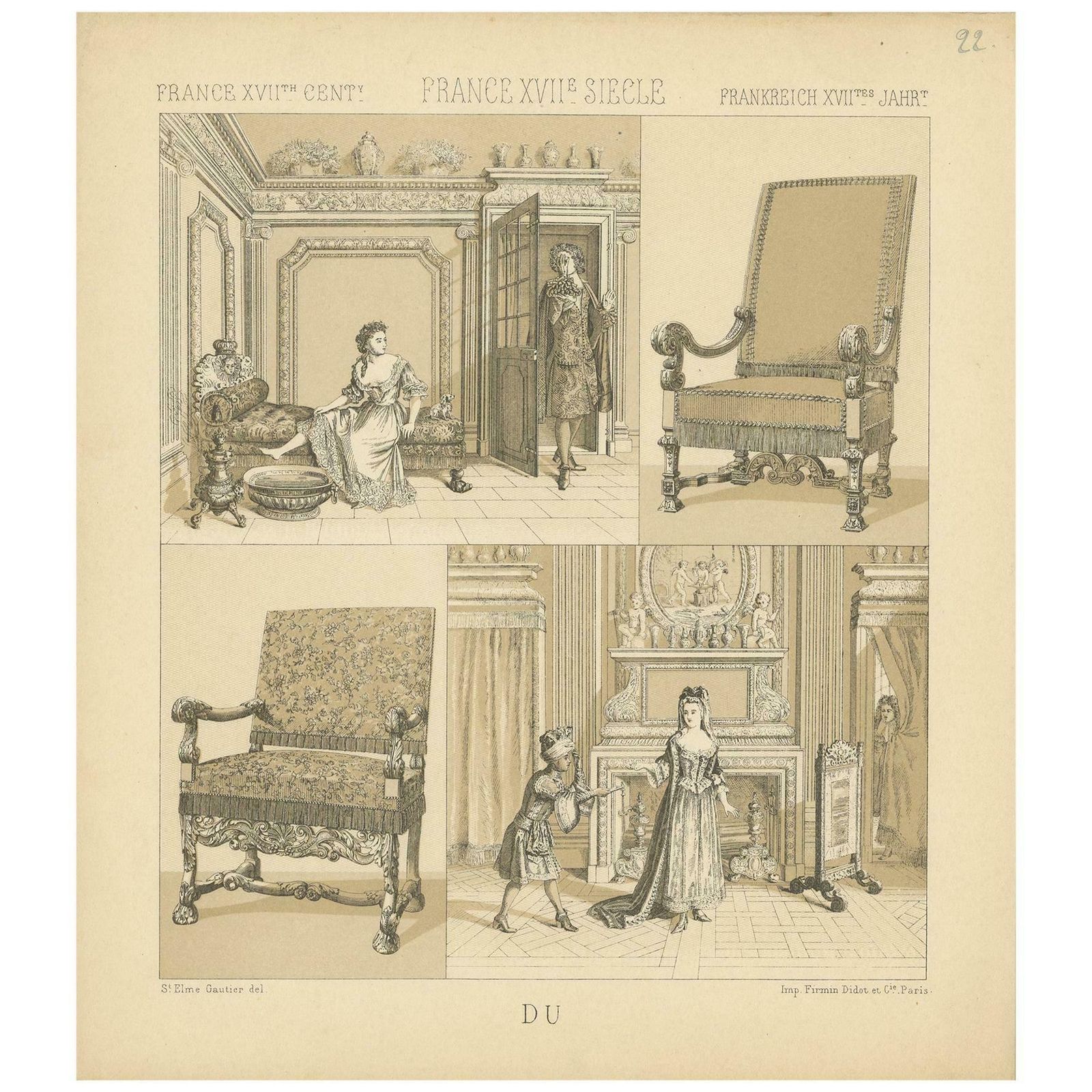 Pl. 22 Antique Print Of French Xviith Century Furniture By Racinet, Circa 1880