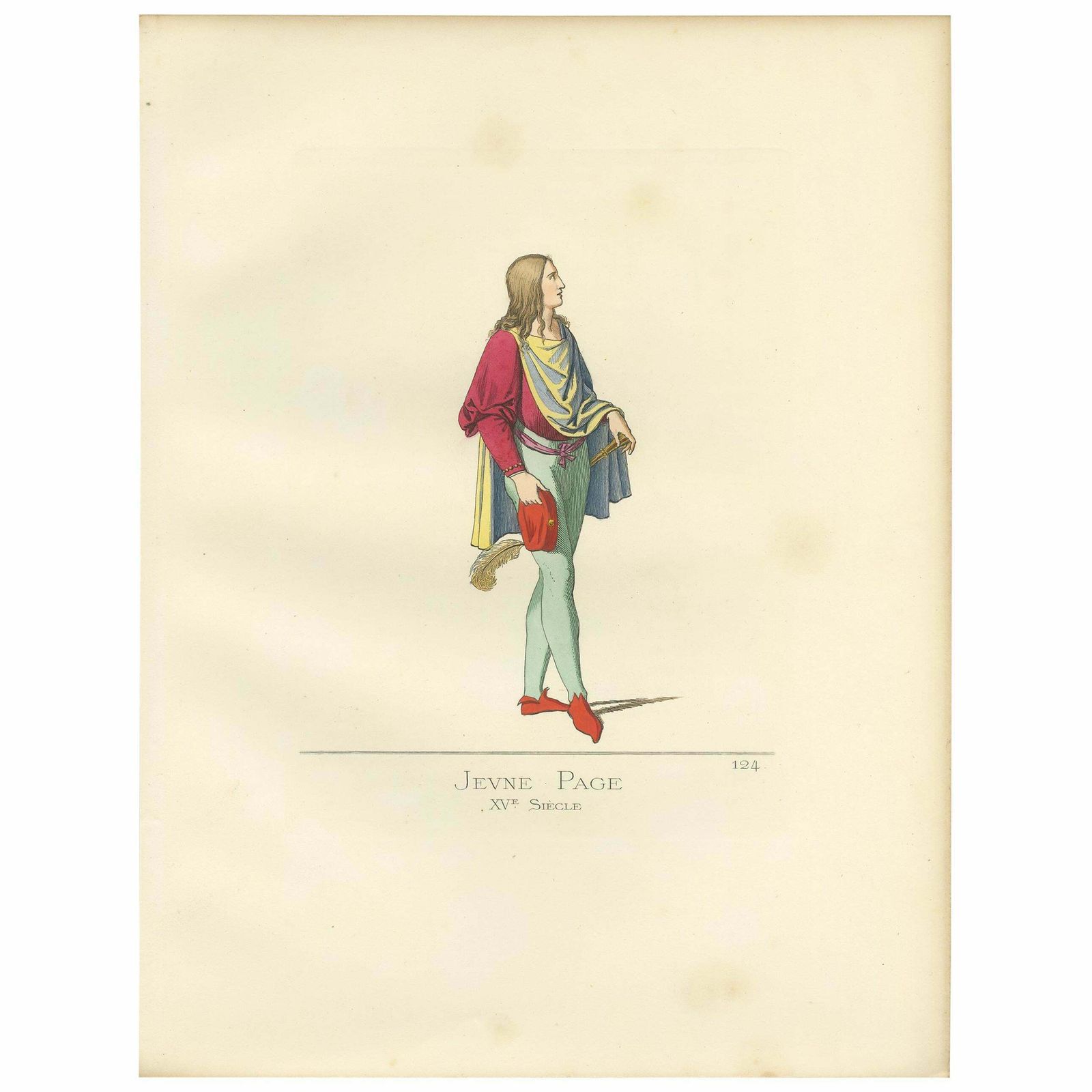 Antique Print Of A Young Page, Italy, 15th Century, By Bonnard, 1860