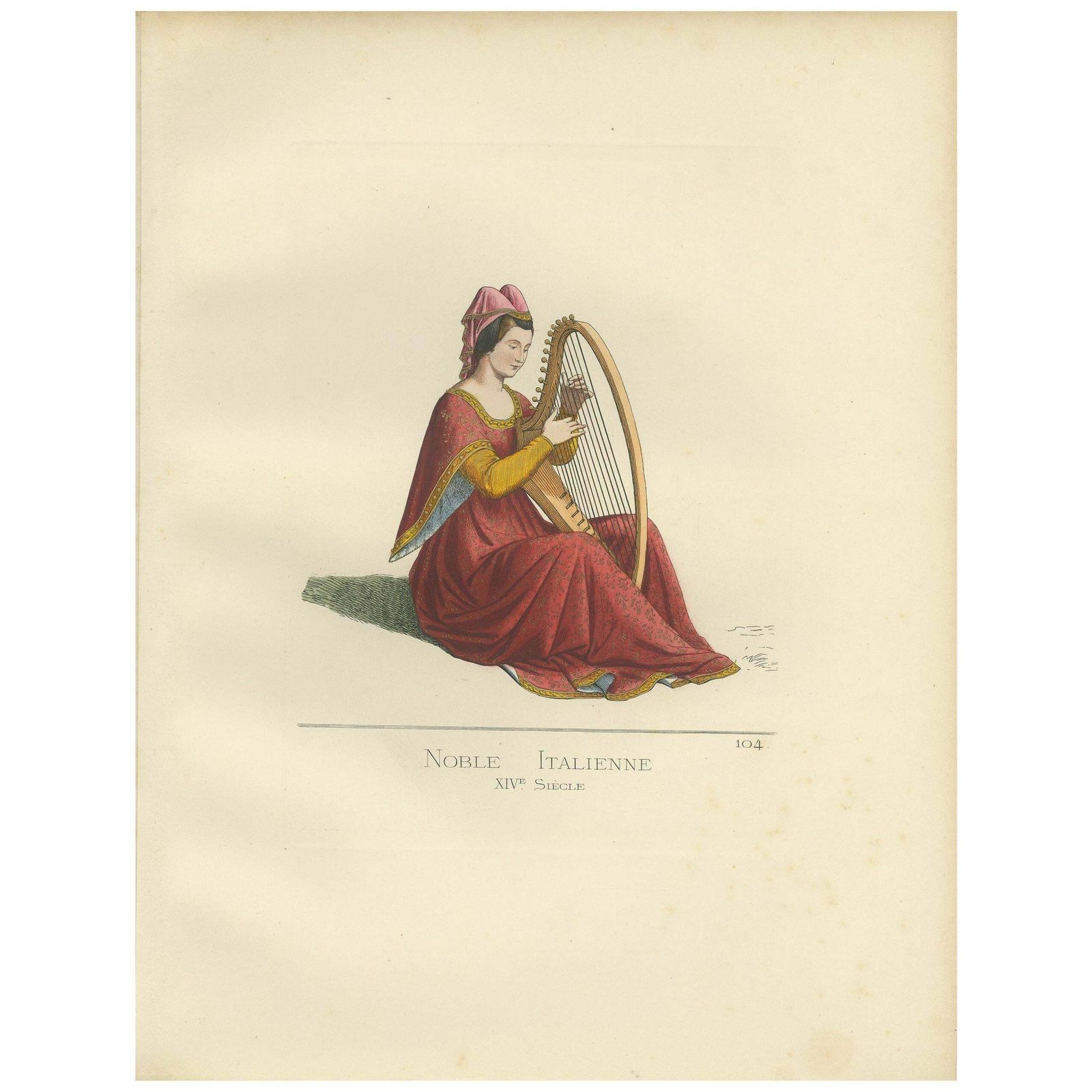 Antique Print Of An Italian Noblewoman, 14th Century, By Bonnard, 1860