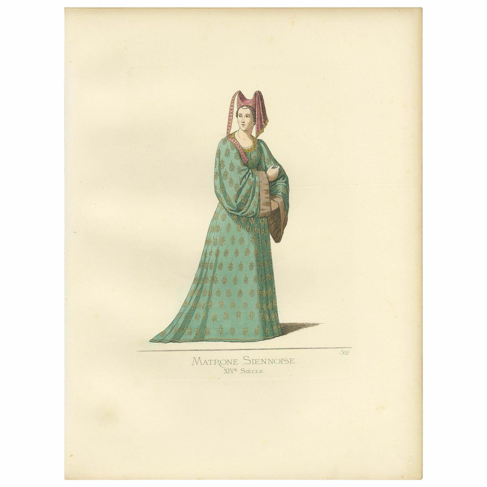 Antique Print Of A Noblewoman From Siena, Italy, By Bonnard, 1860