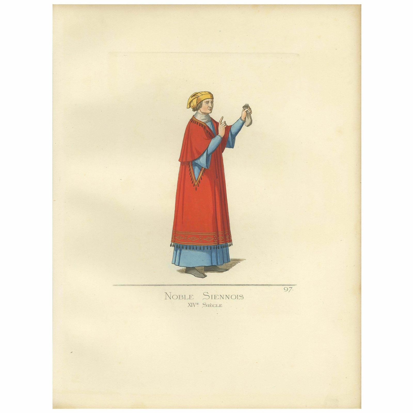 Antique Print Of A Nobleman From Siena, Italy, 14th Century, By Bonnard, 1860