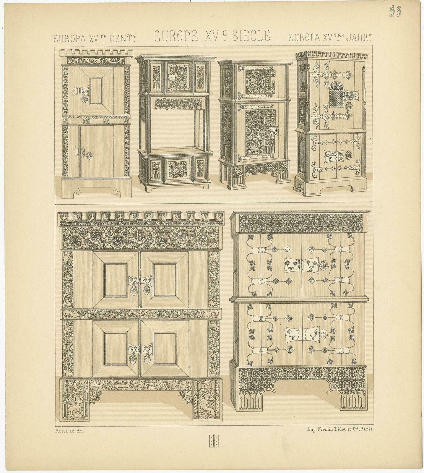 Pl. 33 Antique Print Of European 15th Century Furniture By Racinet, Circa 1880 photo furniture