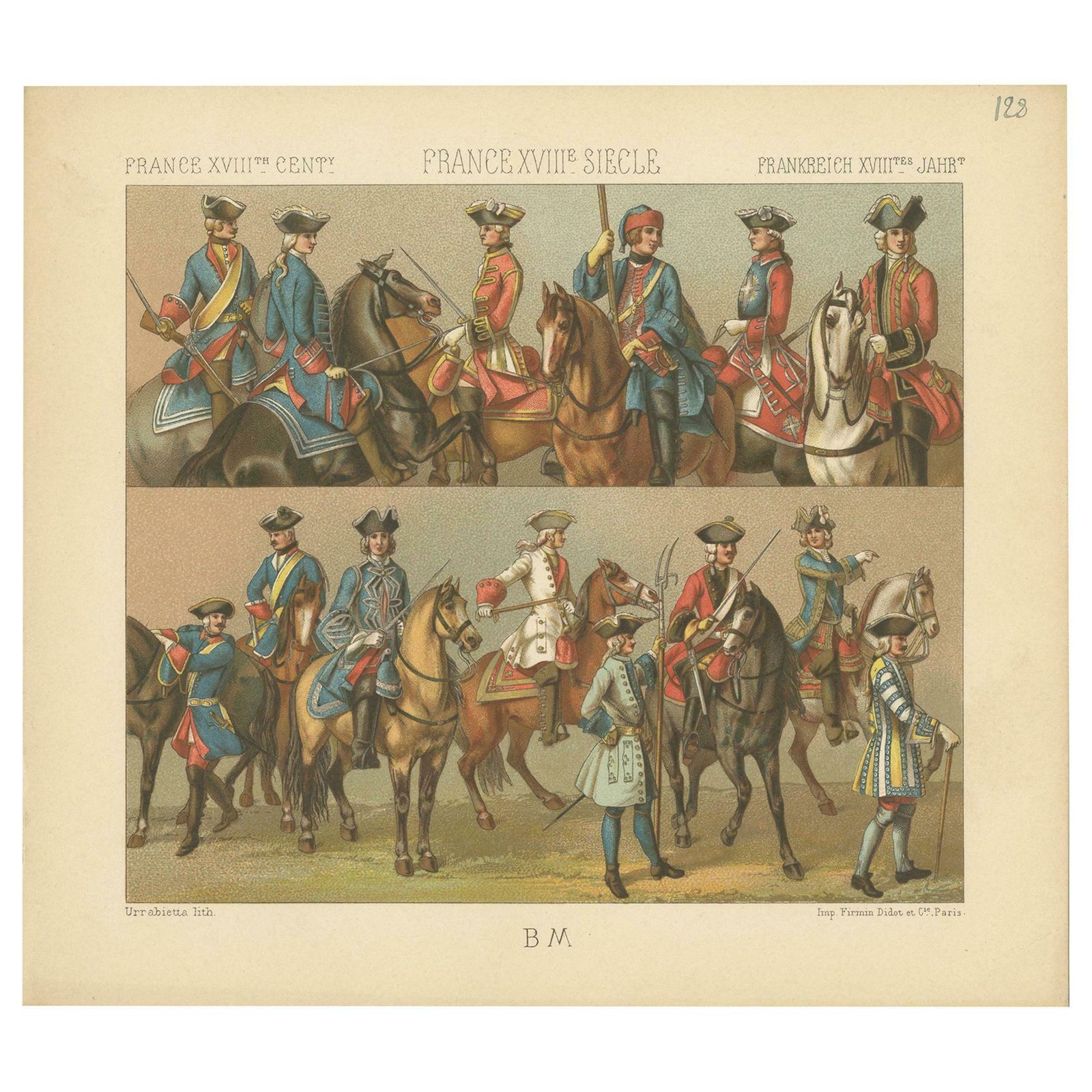 Pl 128 Antique Print Of French 18th Century Military Outfits By Racinet
