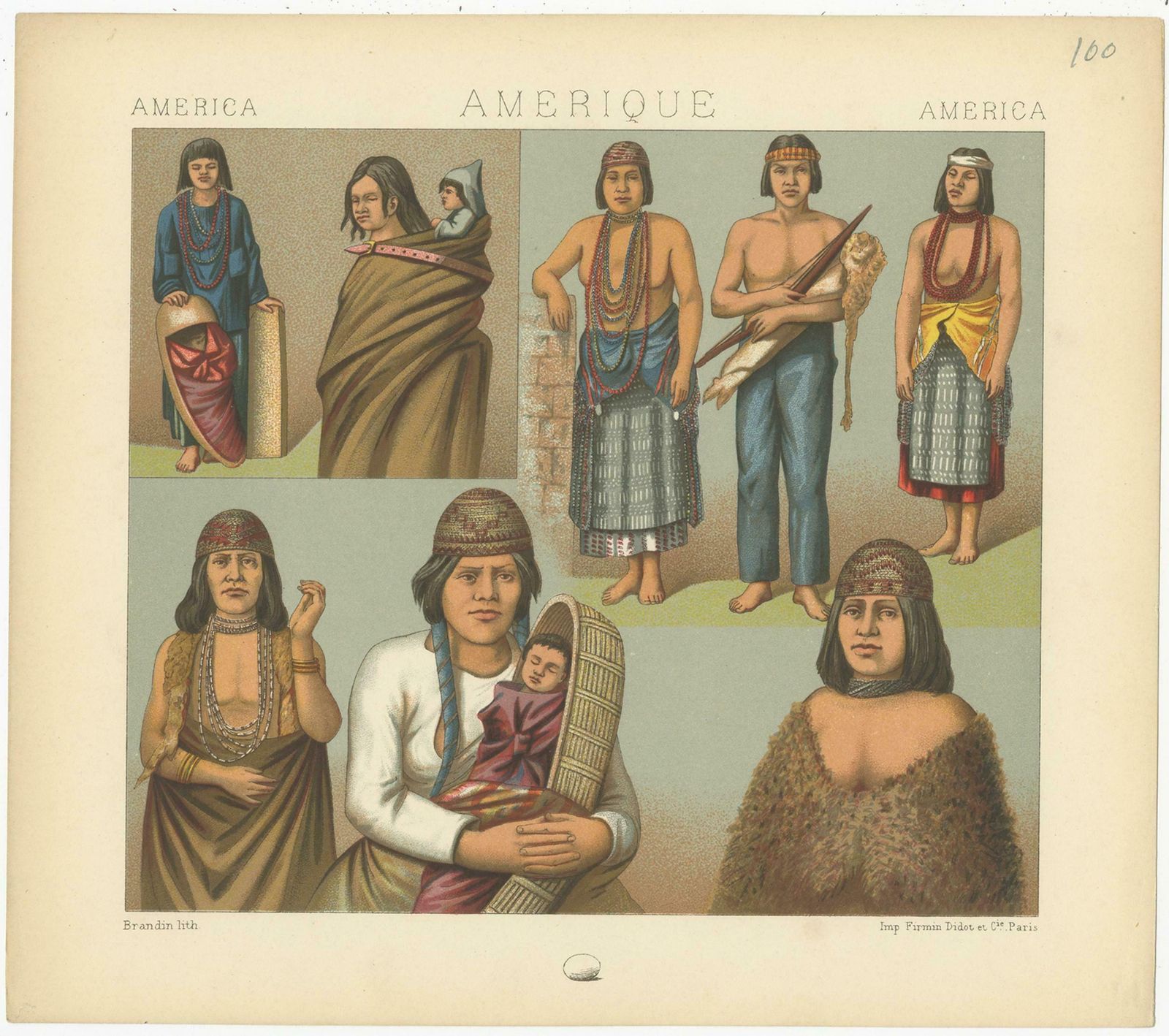 Pl. 100 Antique Print Of American Costumes Racinet, 'Circa 1880' photo for sale