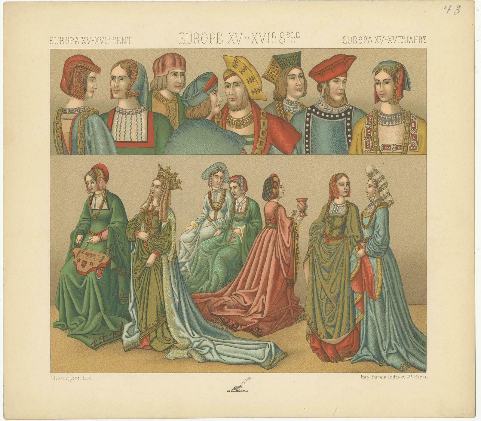 Pl. 43 Antique Print Of European 15th 16th Century Costumes, Racinet, Circa 1880 photo for sale