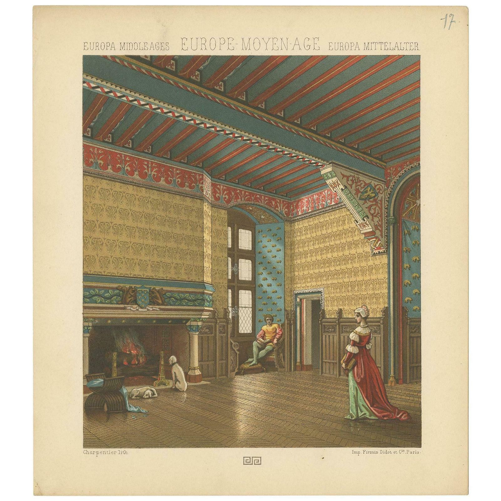 Pl. 17 Antique Print Of European Middle Ages Living Room By Racinet, Circa 1880