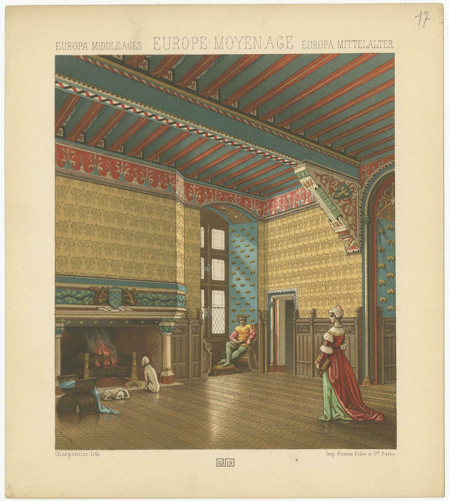 Pl. 17 Antique Print Of European Middle Ages Living Room By Racinet, Circa 1880 photo furniture