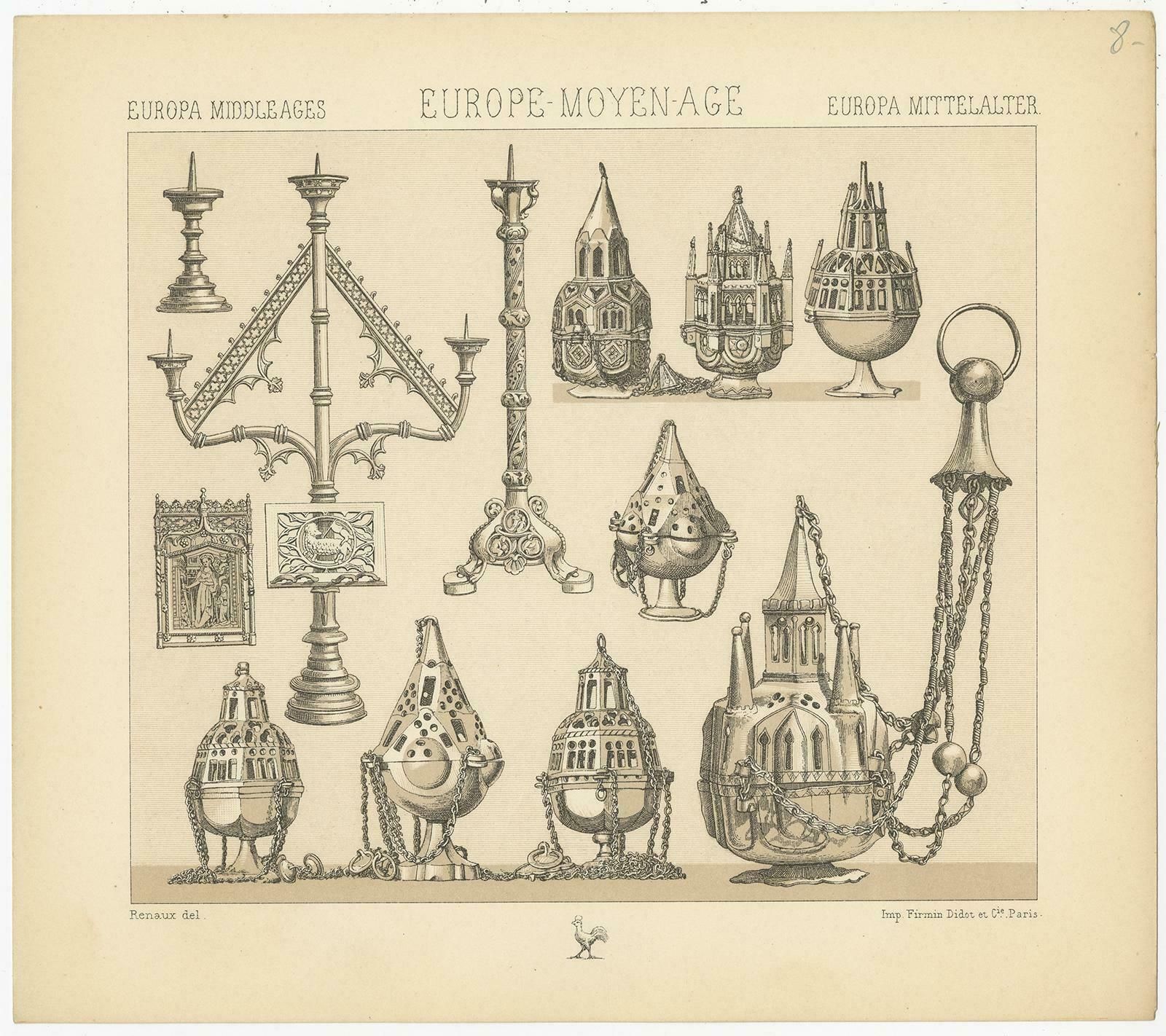 Pl. 8 Antique Print Of European Decorative Objects By Racinet, Circa 1880 photo furniture